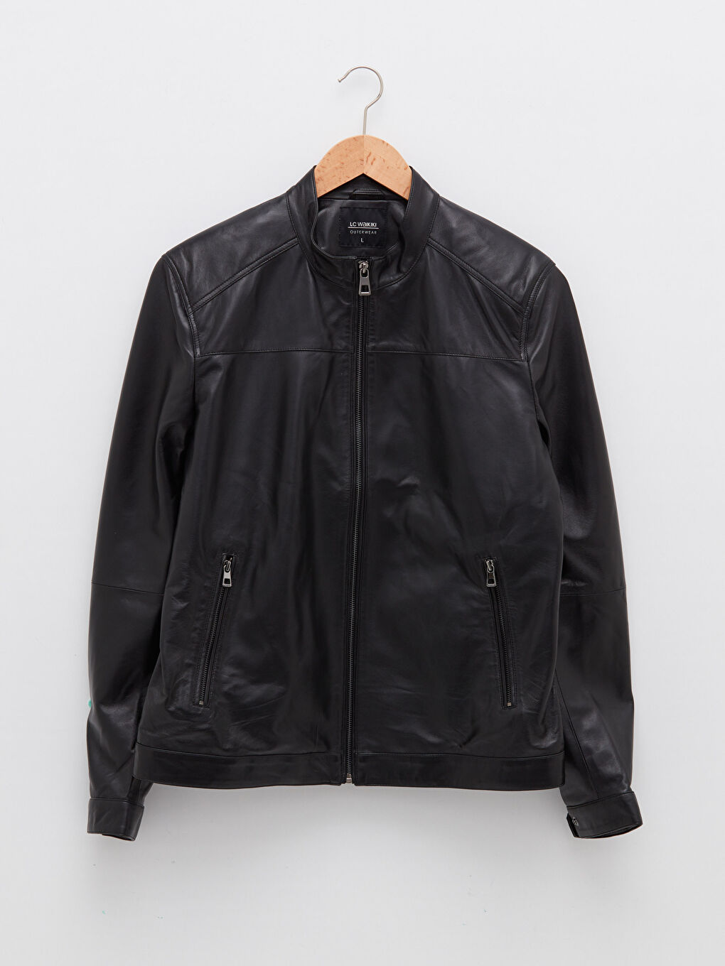 Siyah Standart Kalıp Dik Yaka Erkek Deri Mont-7