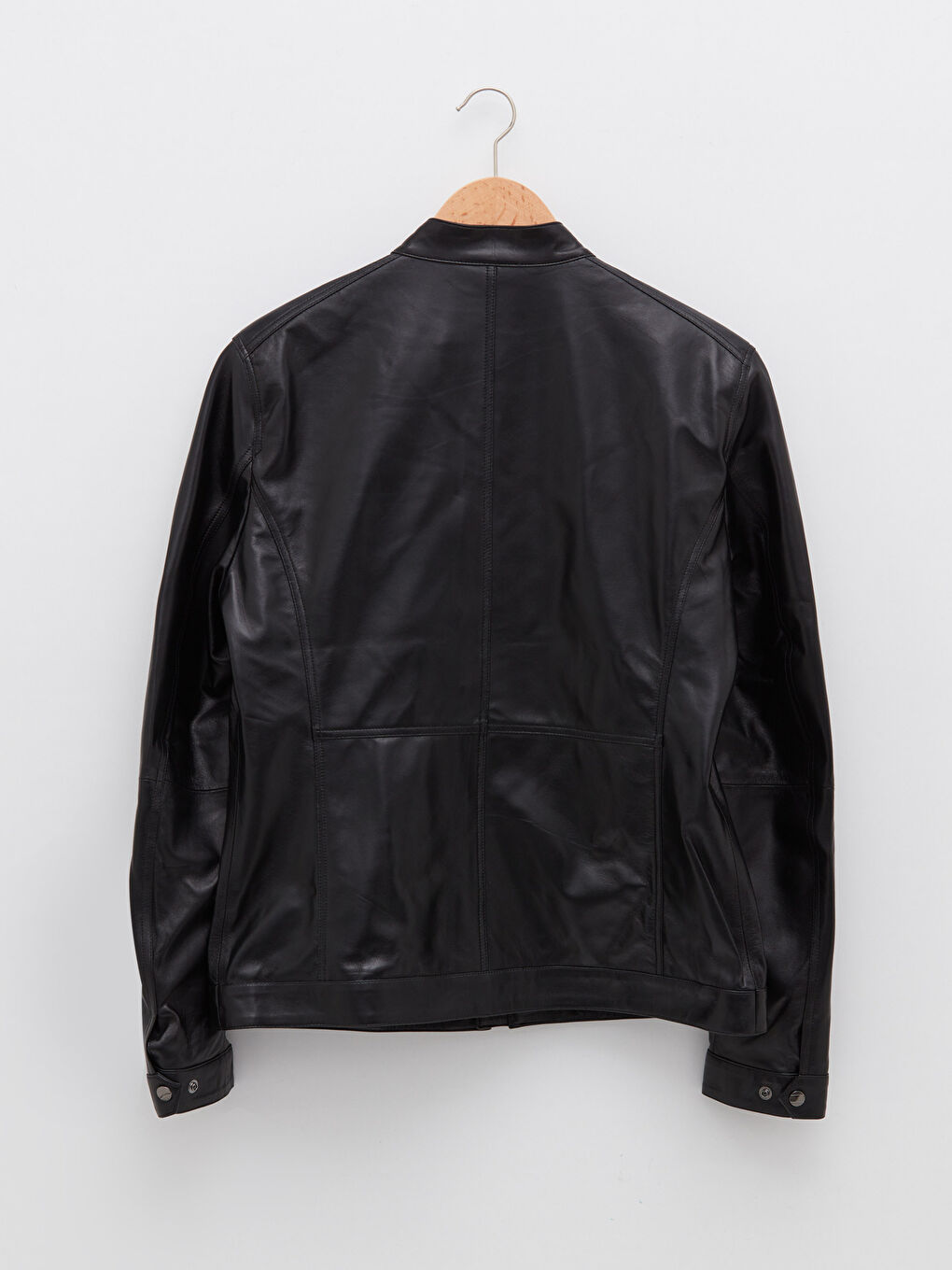 Siyah Standart Kalıp Dik Yaka Erkek Deri Mont-8