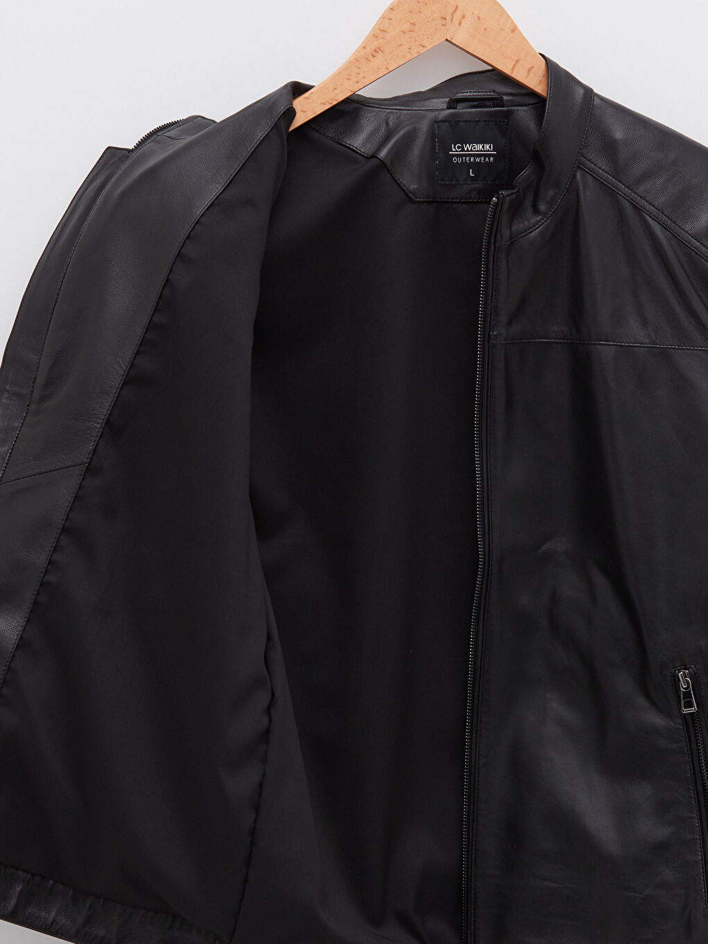 Siyah Standart Kalıp Dik Yaka Erkek Deri Mont-9