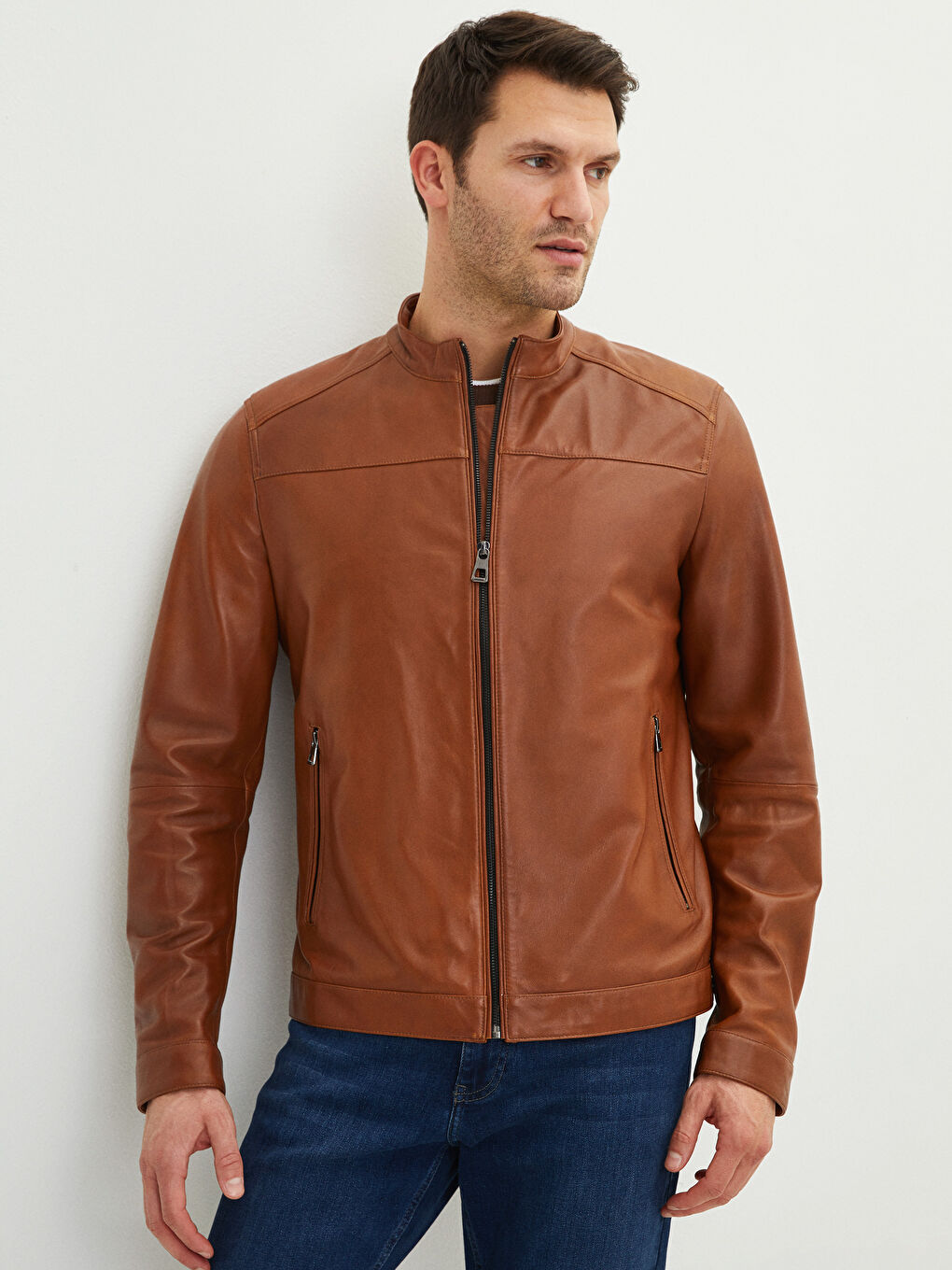 Kaput od kože za Muškarce sa Uspravnom Kragnom i Uzorkom-1