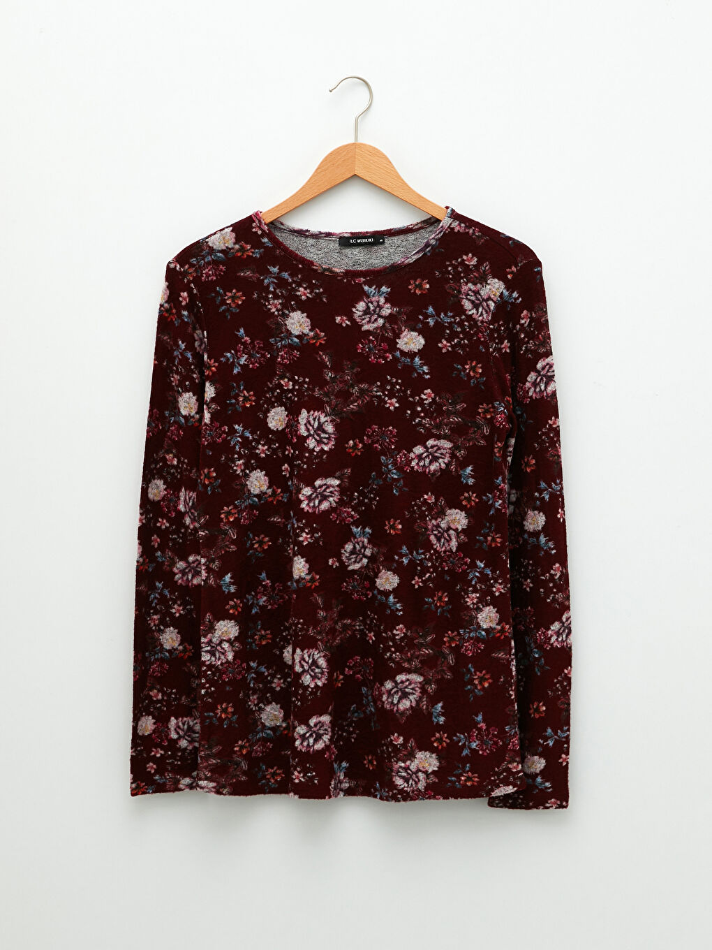 Bordo Bisiklet Yaka Çiçekli Uzun Kollu Kadın Tişört-5