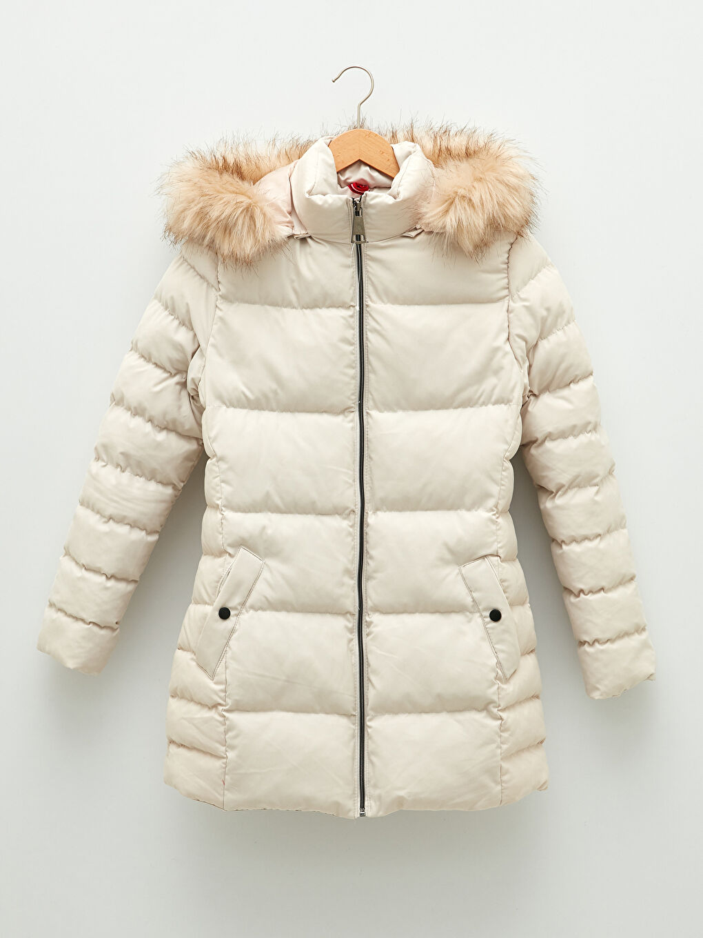 Beyaz Kadın Kapüşonlu Düz Şişme Mont-7