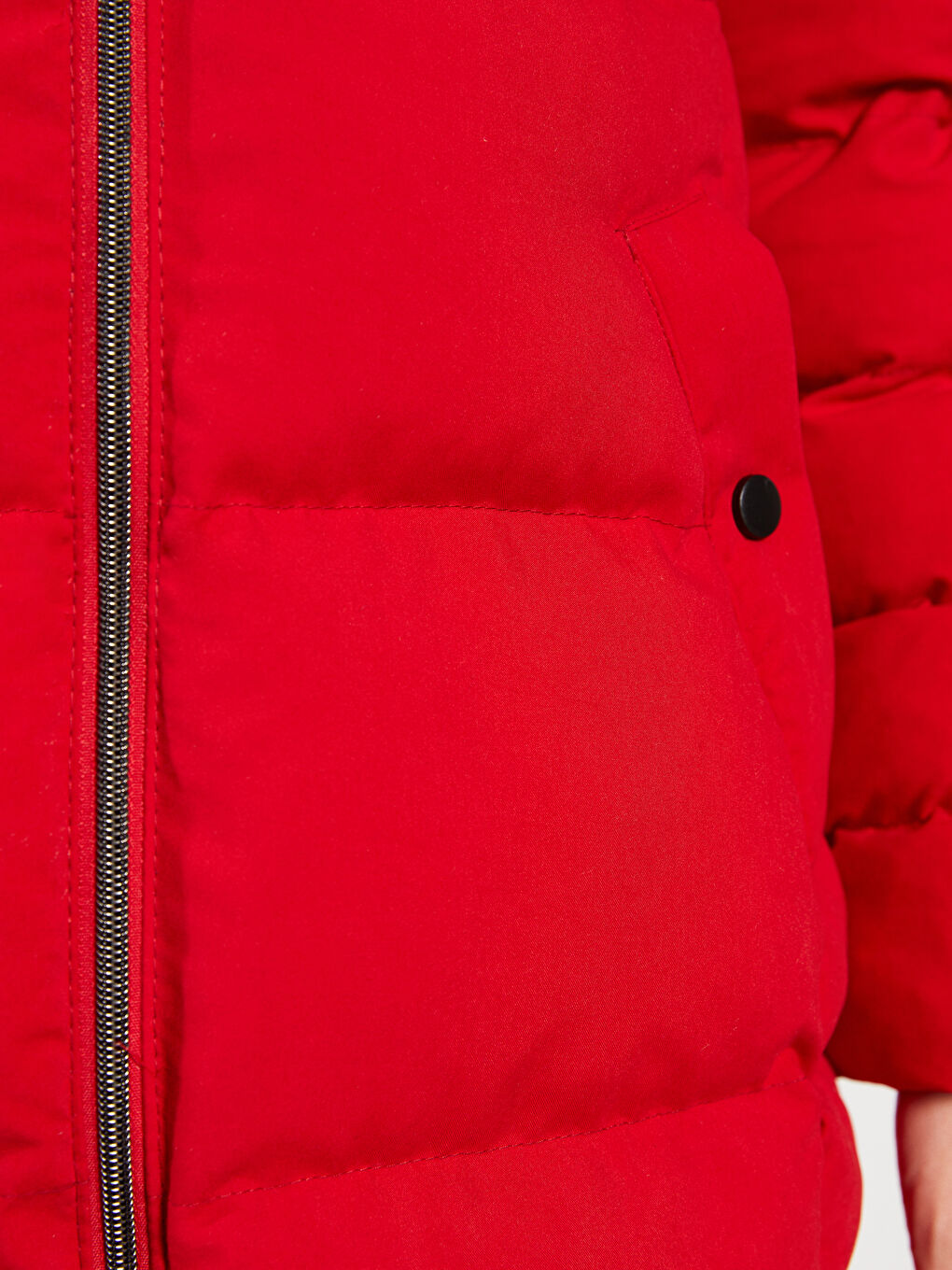 Kırmızı Kadın Kapüşonlu Düz Şişme Mont-5