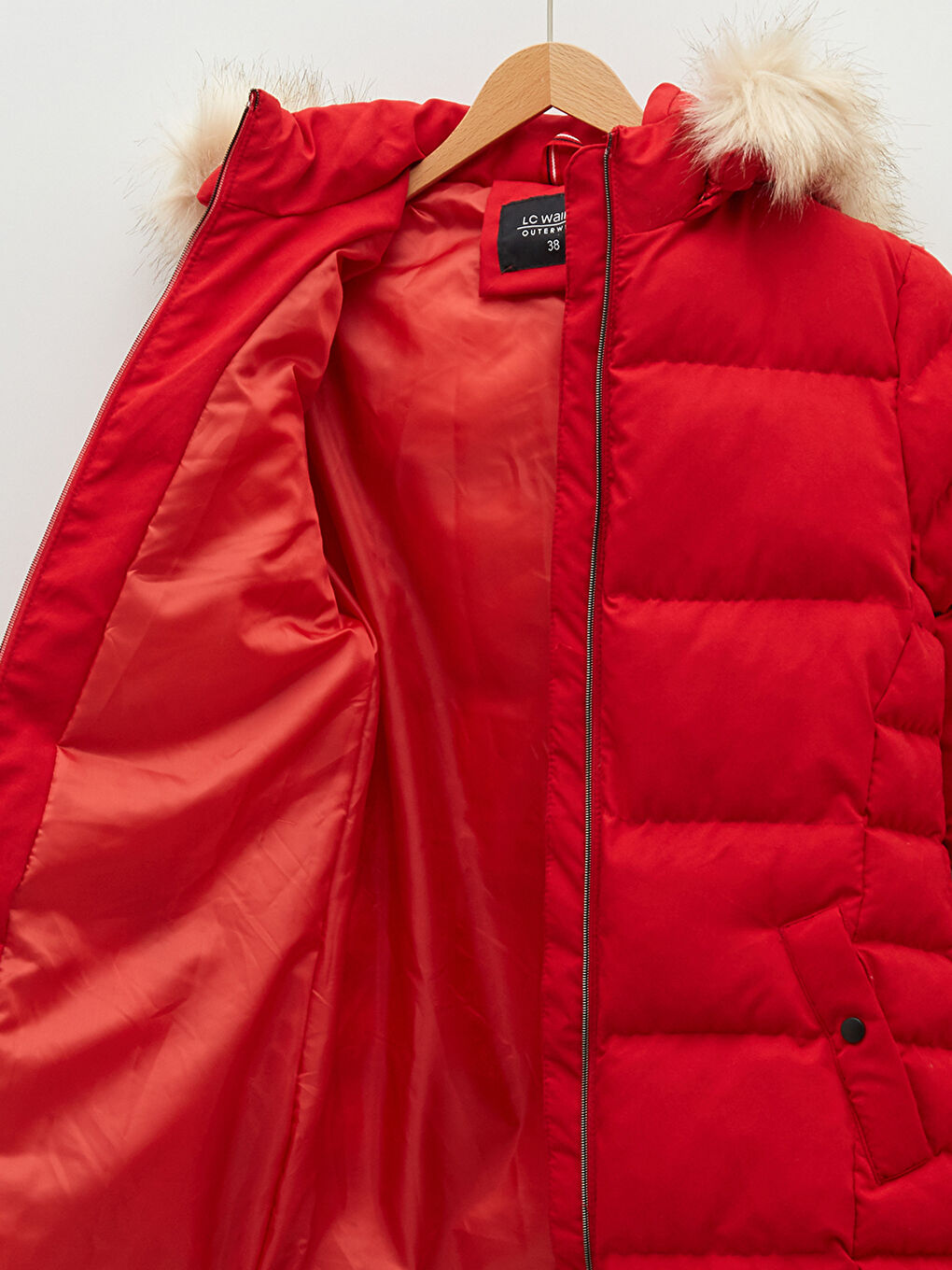 Kırmızı Kadın Kapüşonlu Düz Şişme Mont-9