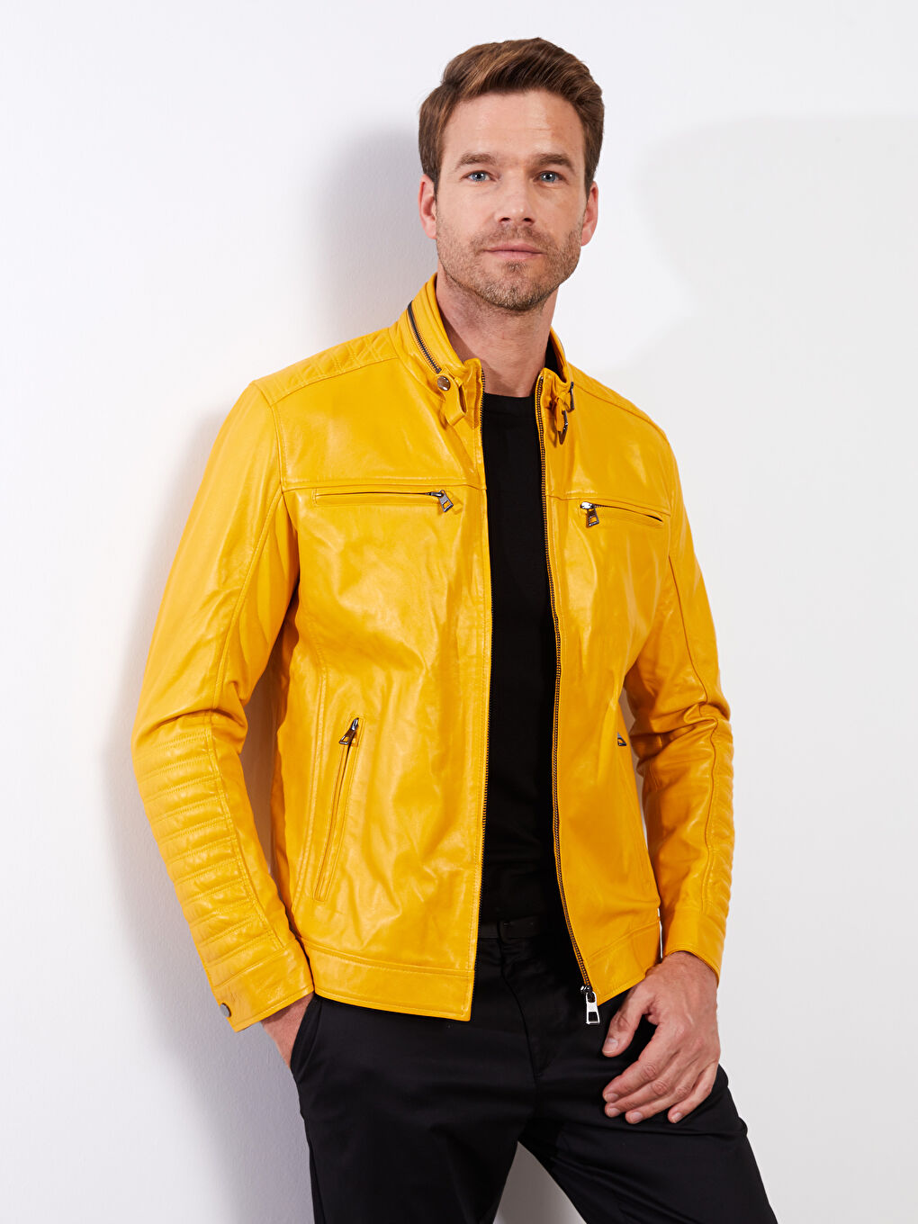 Sarı Standart Kalıp Biker Yaka Erkek Deri Mont