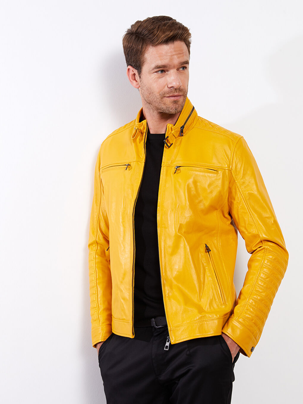 Sarı Standart Kalıp Biker Yaka Erkek Deri Mont-1