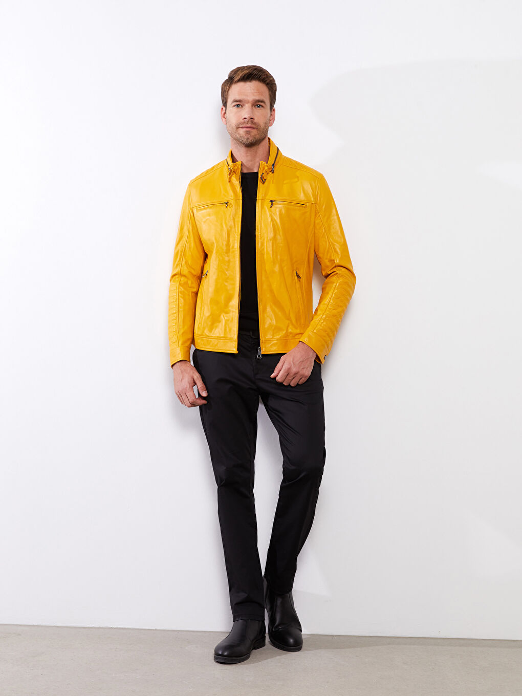 Sarı Standart Kalıp Biker Yaka Erkek Deri Mont-2