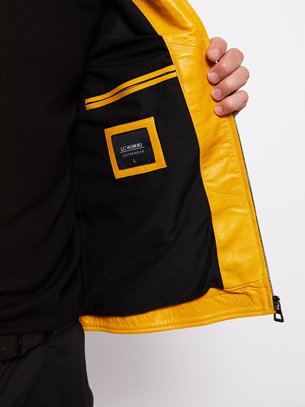 Sarı Standart Kalıp Biker Yaka Erkek Deri Mont-3