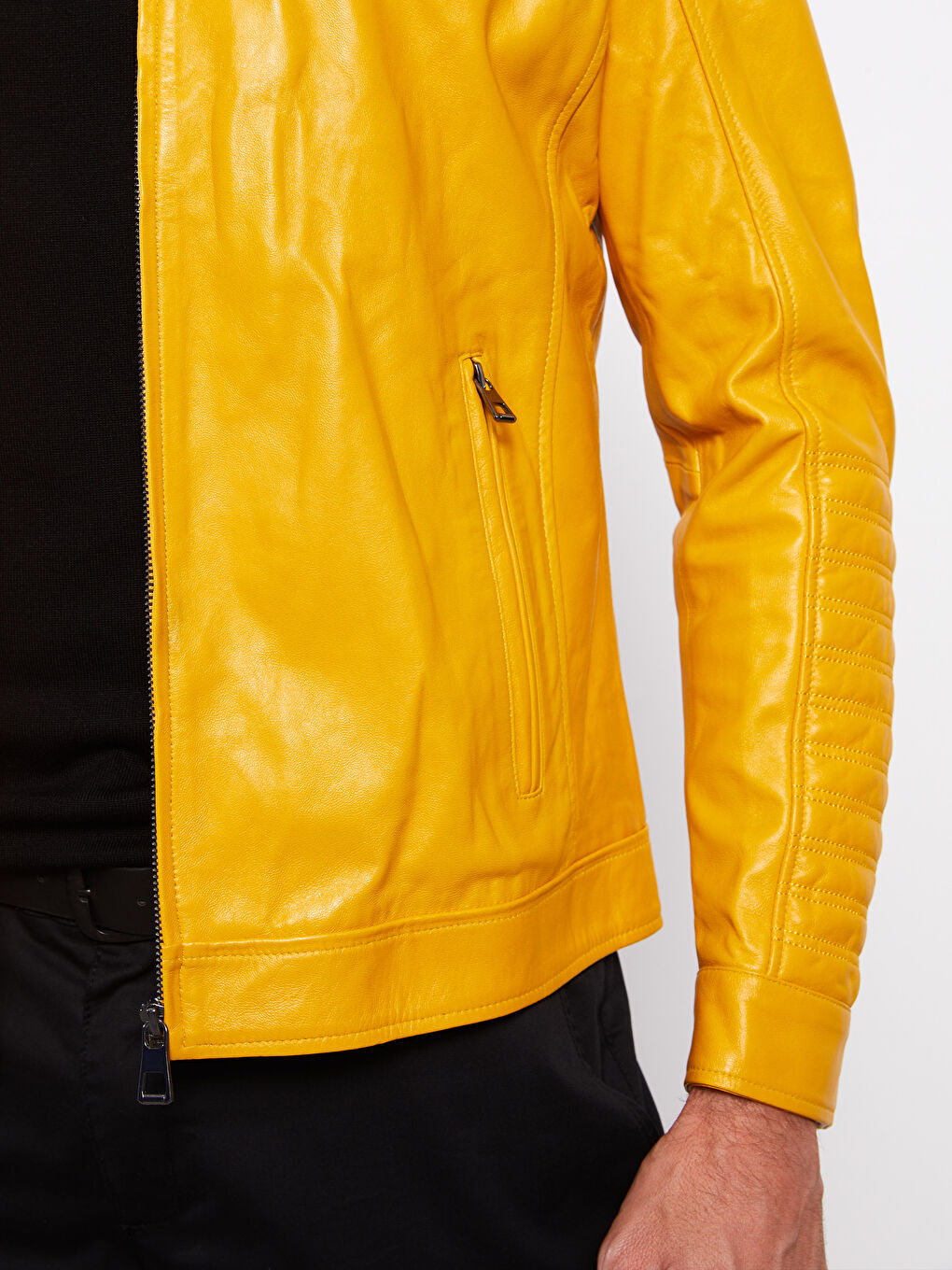 Sarı Standart Kalıp Biker Yaka Erkek Deri Mont-4