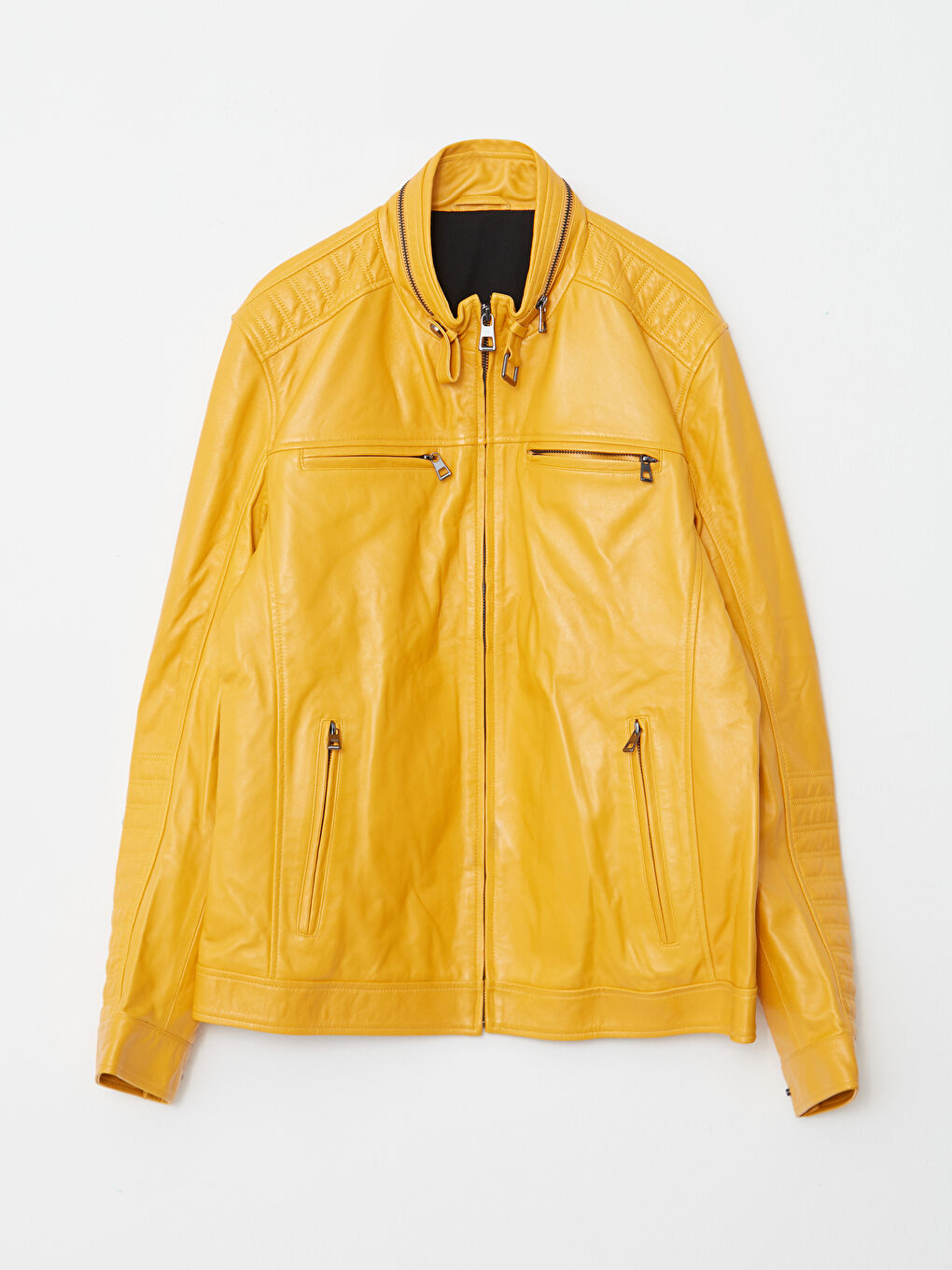 Sarı Standart Kalıp Biker Yaka Erkek Deri Mont-6
