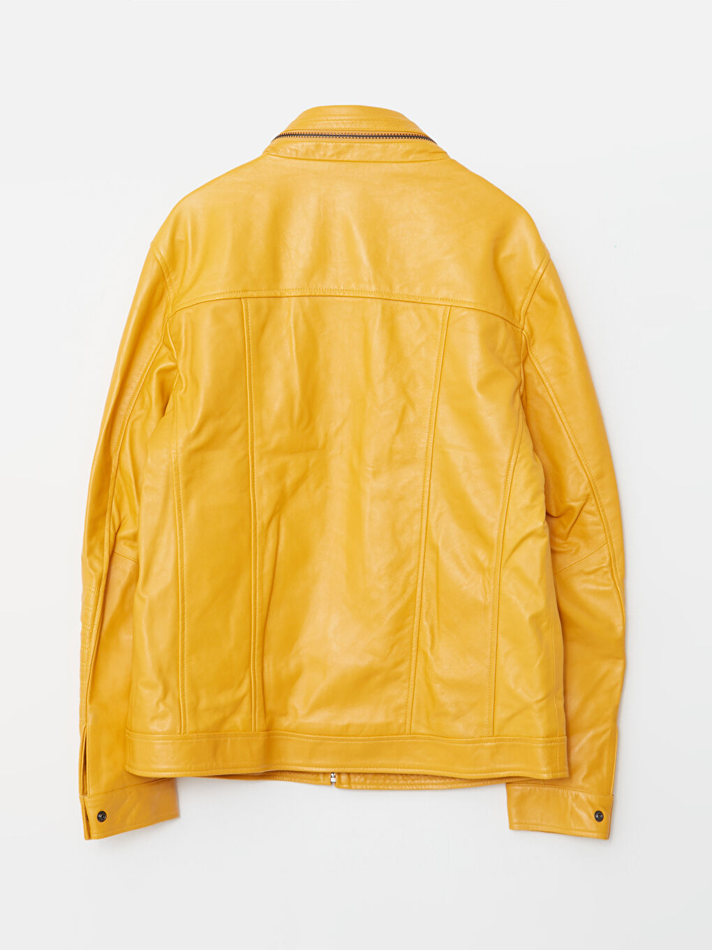 Sarı Standart Kalıp Biker Yaka Erkek Deri Mont-7