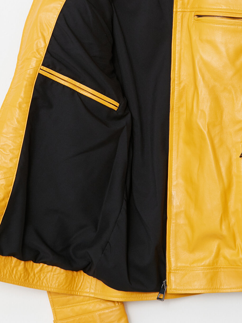 Sarı Standart Kalıp Biker Yaka Erkek Deri Mont-8