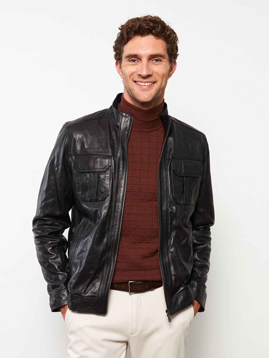 Standard Pattern Standing Collar Men's Leather Coat-1