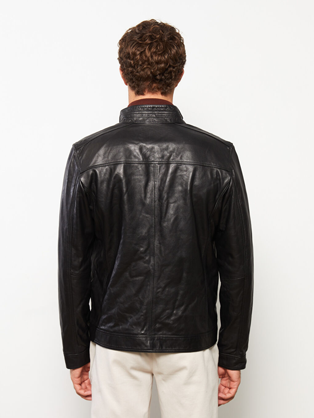 Standard Pattern Standing Collar Men's Leather Coat-4