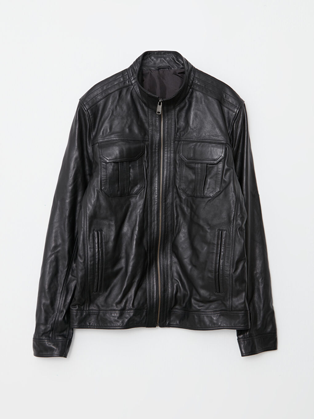 Standard Pattern Standing Collar Men's Leather Coat-5