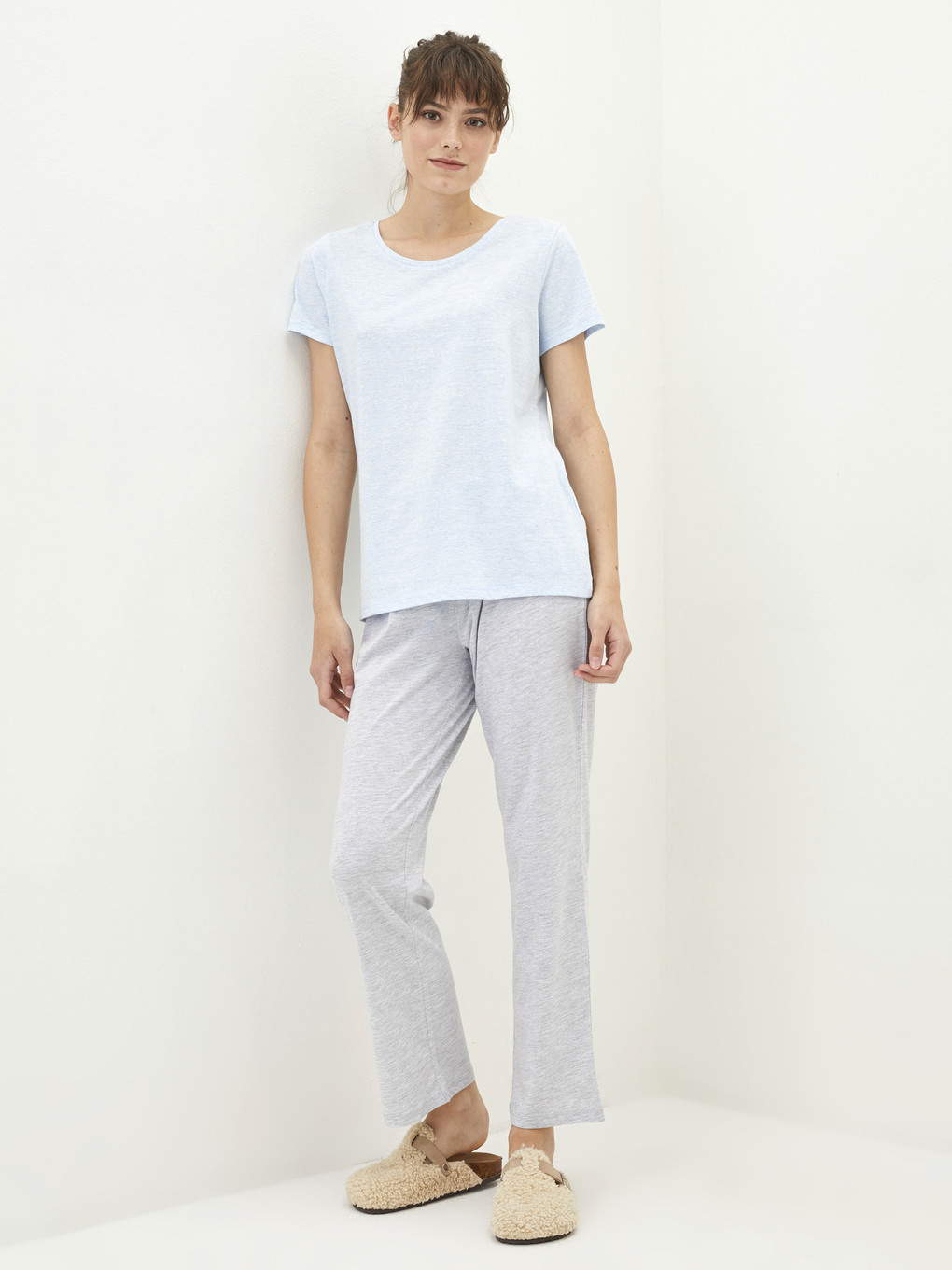Crew Neck Patterned Short Sleeve Women's Pyjamas Set-1