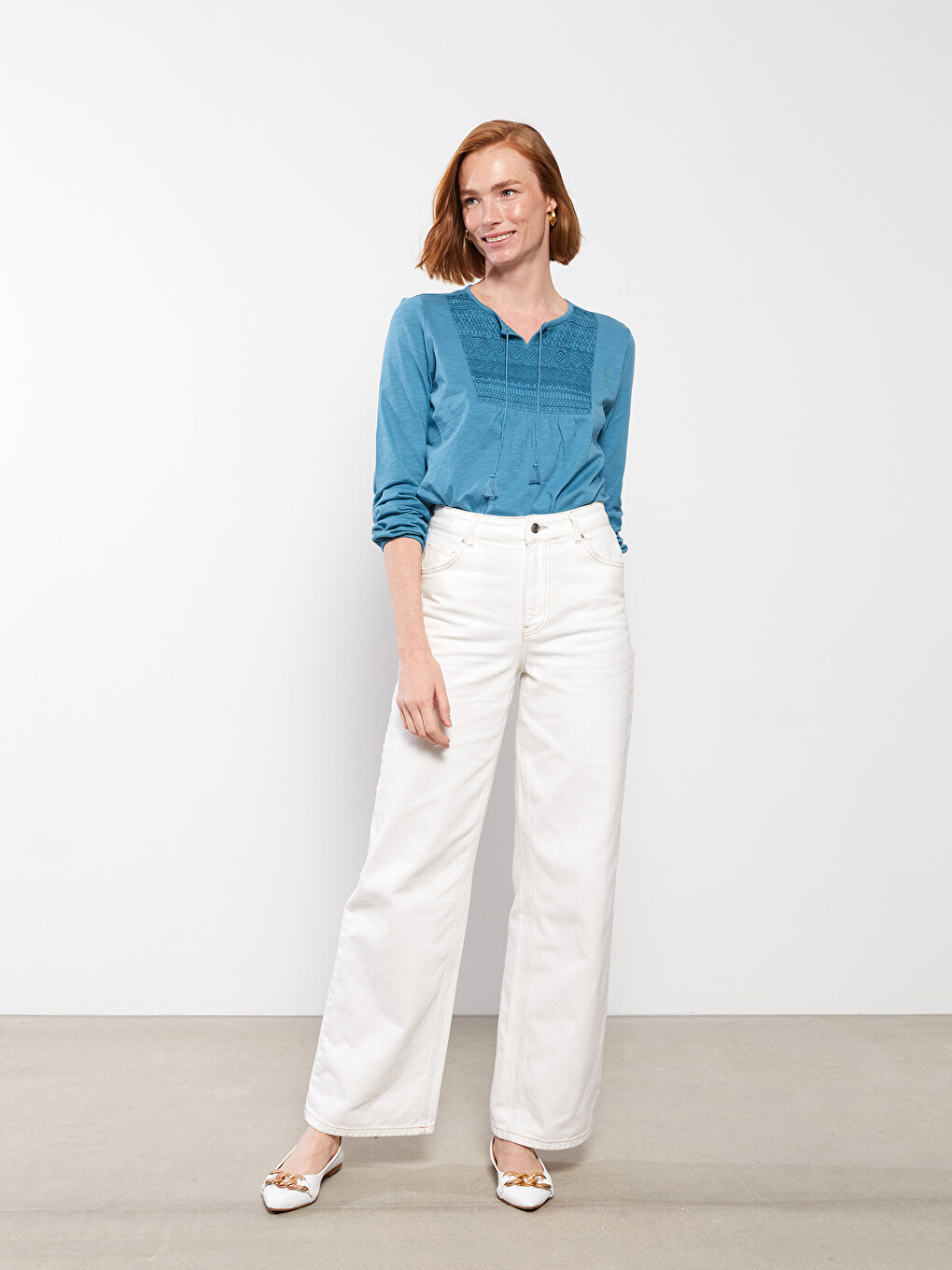 Tie Collar Embroidered Long Sleeve Cotton Women's Blouse
