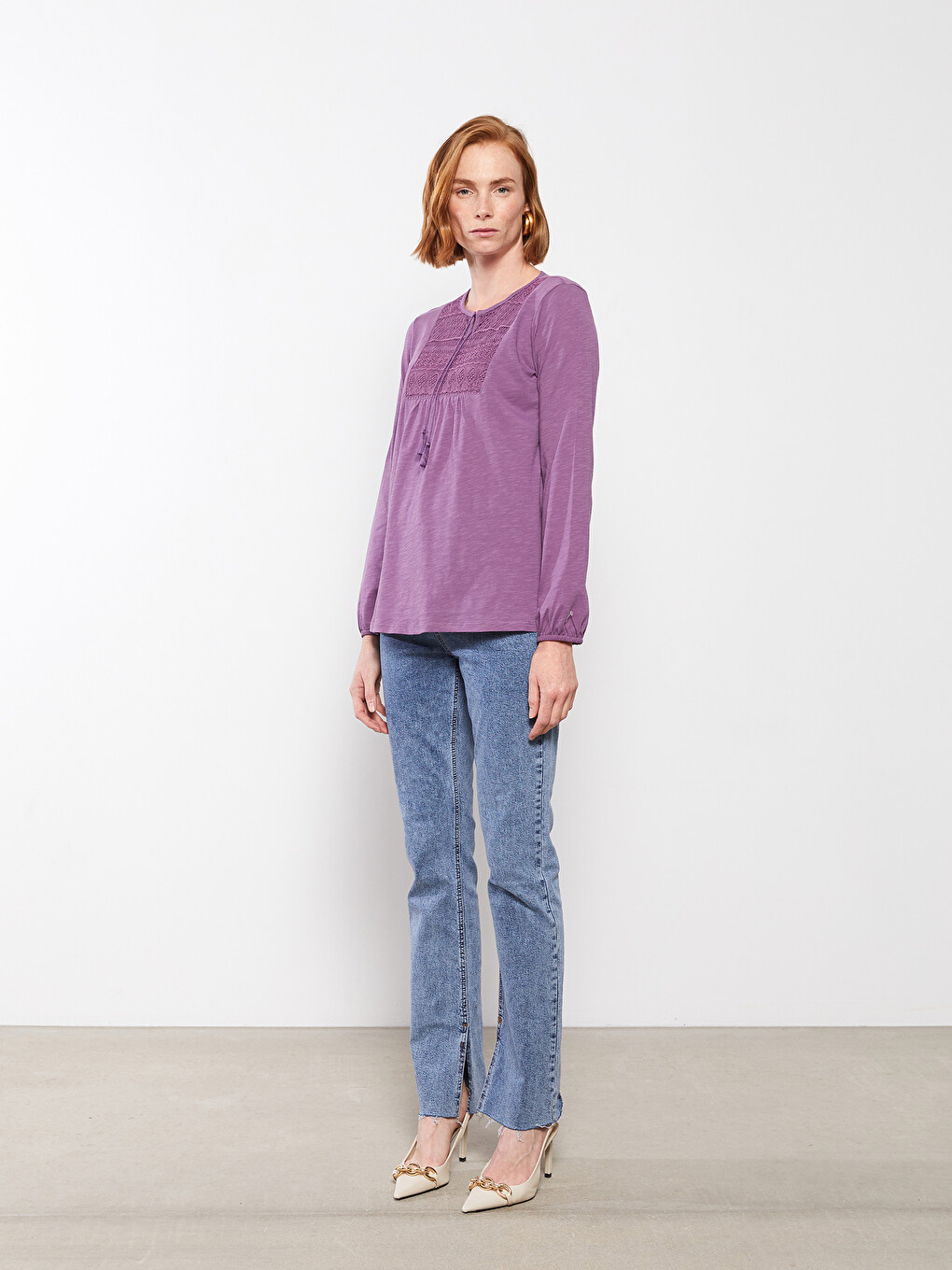 Tie Collar Embroidered Long Sleeve Cotton Women's Blouse