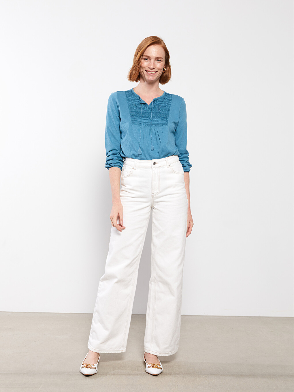 Tie Collar Embroidered Long Sleeve Cotton Women's Blouse-1