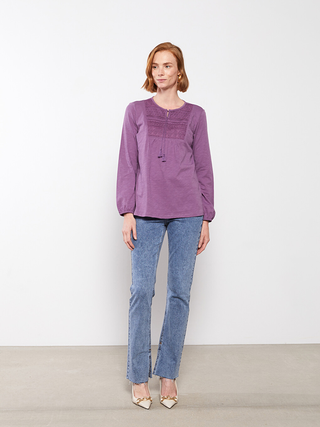 Tie Collar Embroidered Long Sleeve Cotton Women's Blouse-1