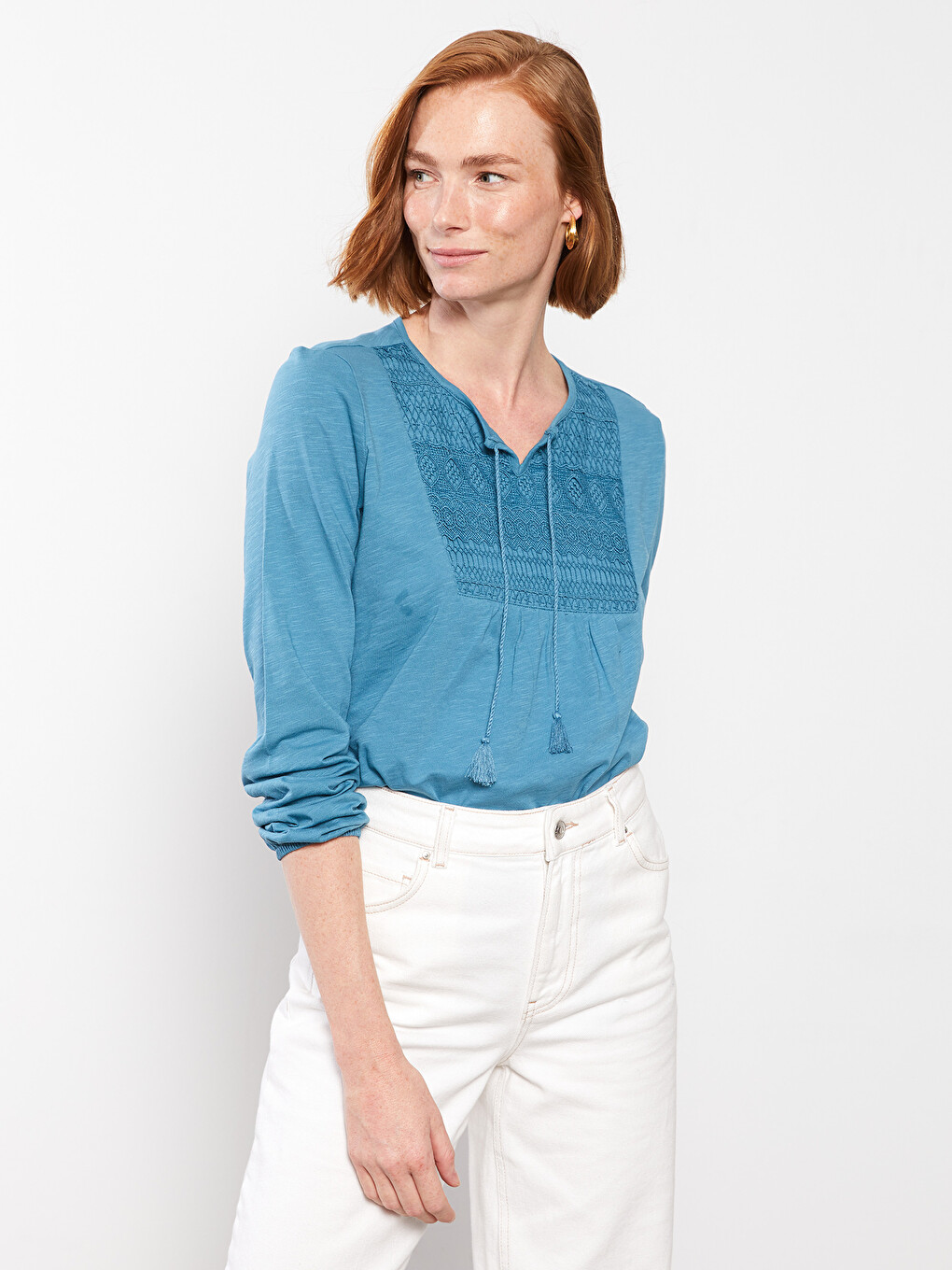 Tie Collar Embroidered Long Sleeve Cotton Women's Blouse-2
