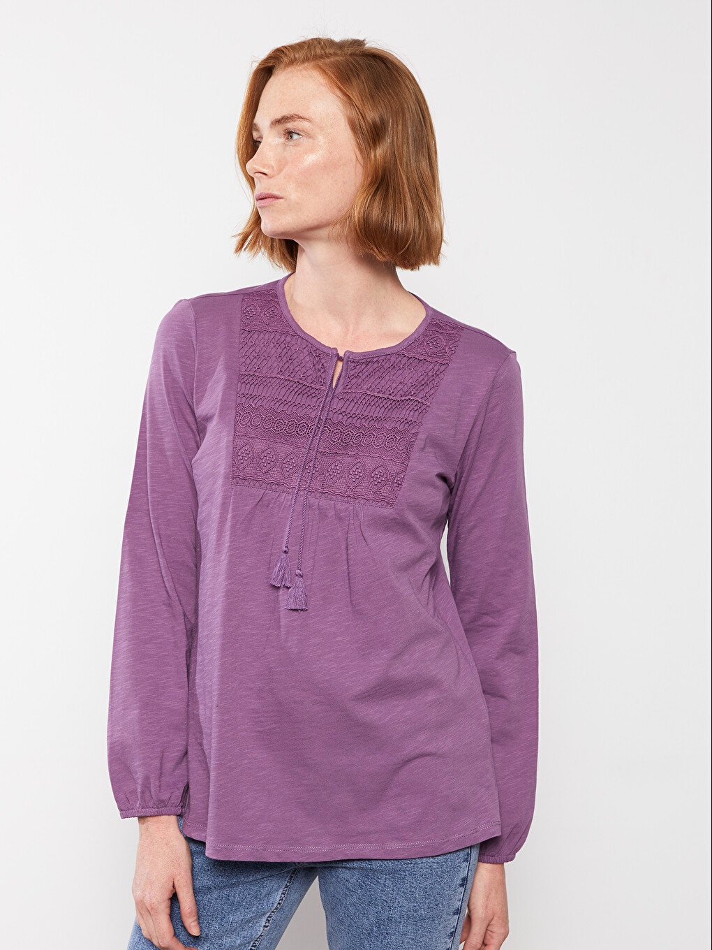 Tie Collar Embroidered Long Sleeve Cotton Women's Blouse-2