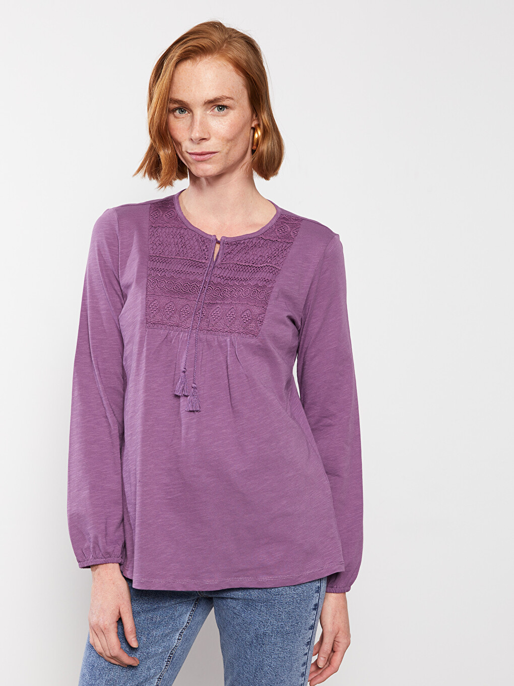 Tie Collar Embroidered Long Sleeve Cotton Women's Blouse-3