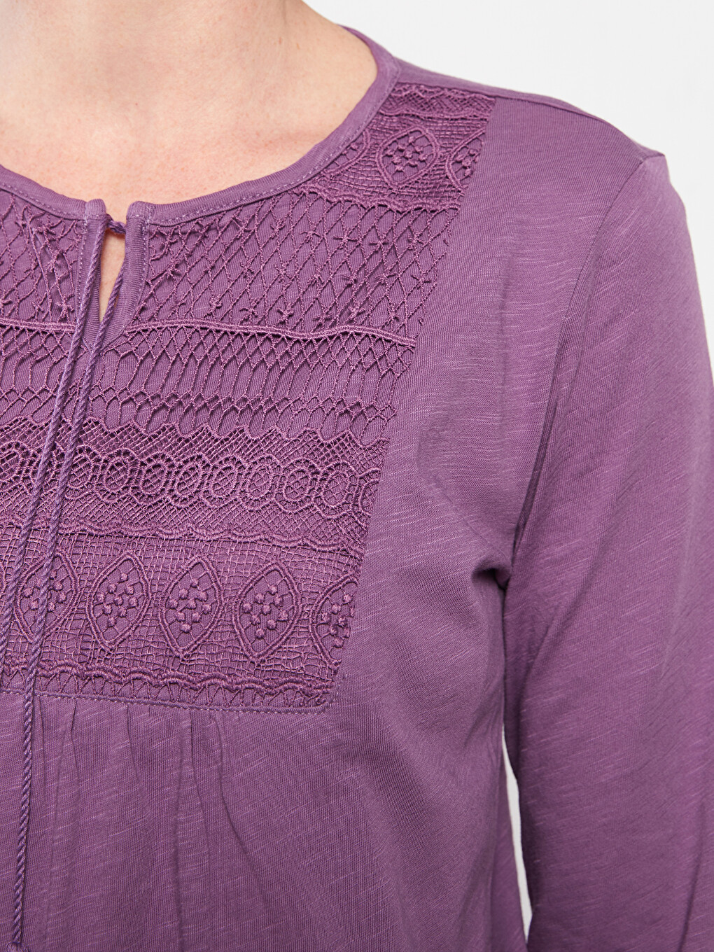 Tie Collar Embroidered Long Sleeve Cotton Women's Blouse-4