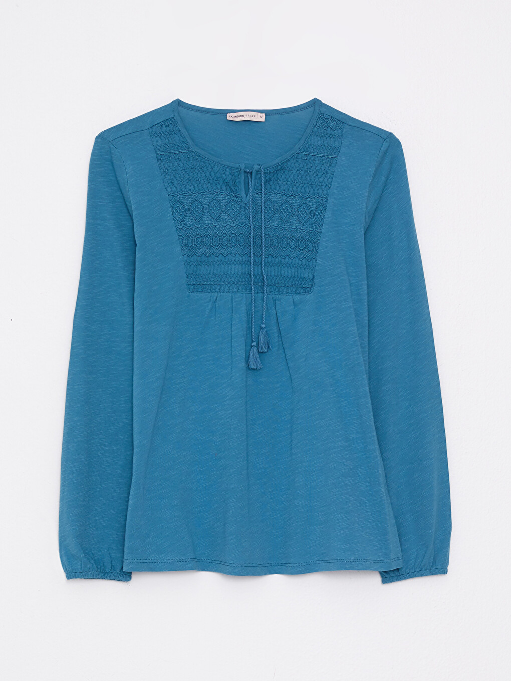 Tie Collar Embroidered Long Sleeve Cotton Women's Blouse-5