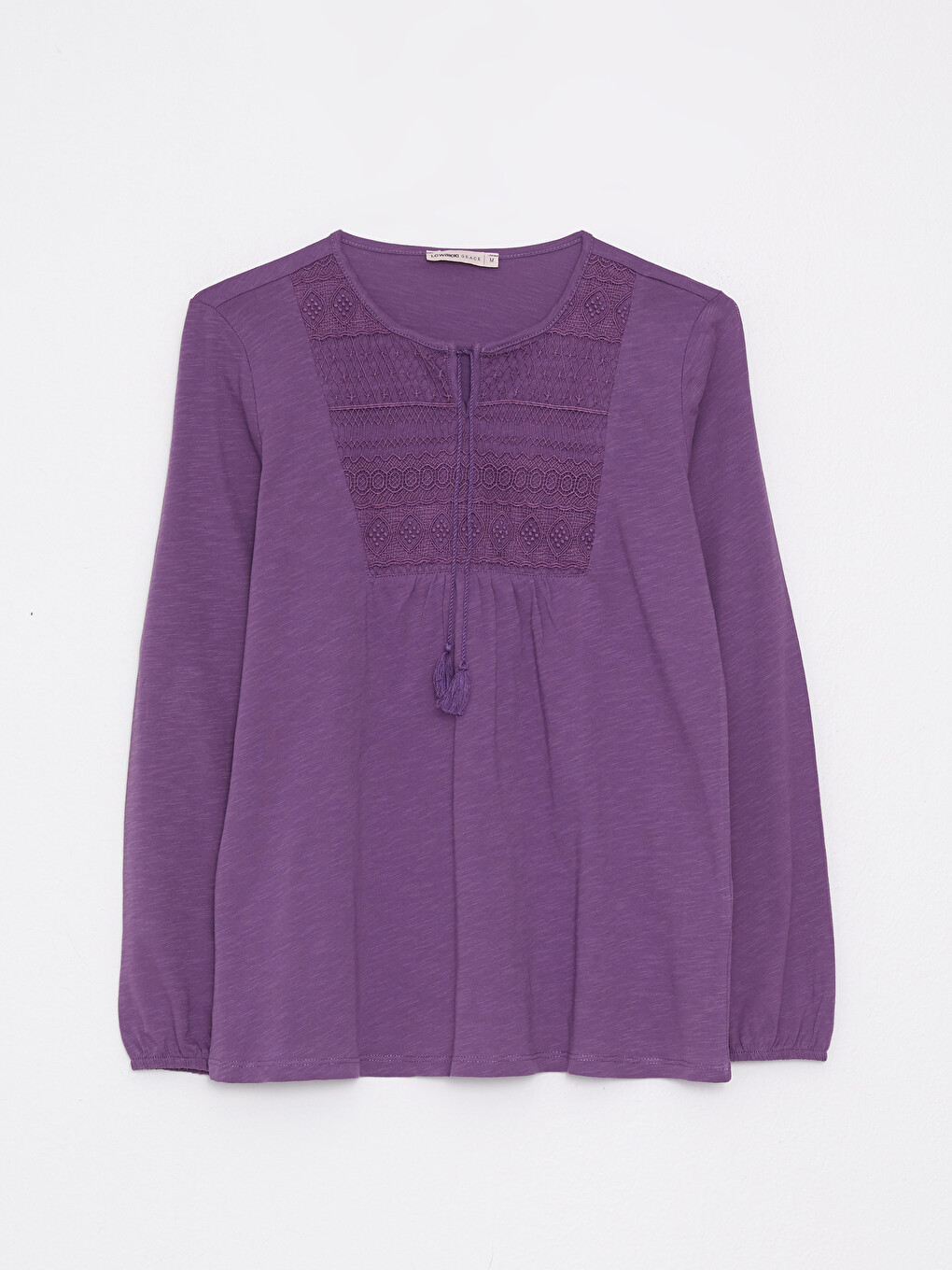 Tie Collar Embroidered Long Sleeve Cotton Women's Blouse-6