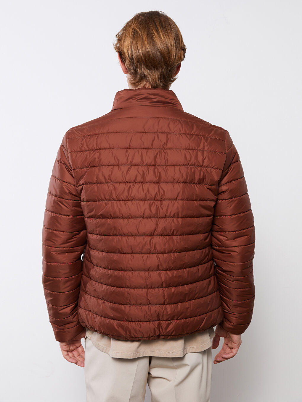 Kahverengi Standart Kalıp Dik Yaka İnce Erkek Şişme Mont-4