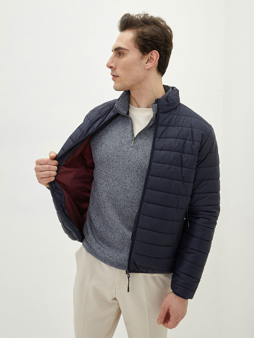 Lacivert Standart Kalıp Dik Yaka İnce Erkek Şişme Mont-1