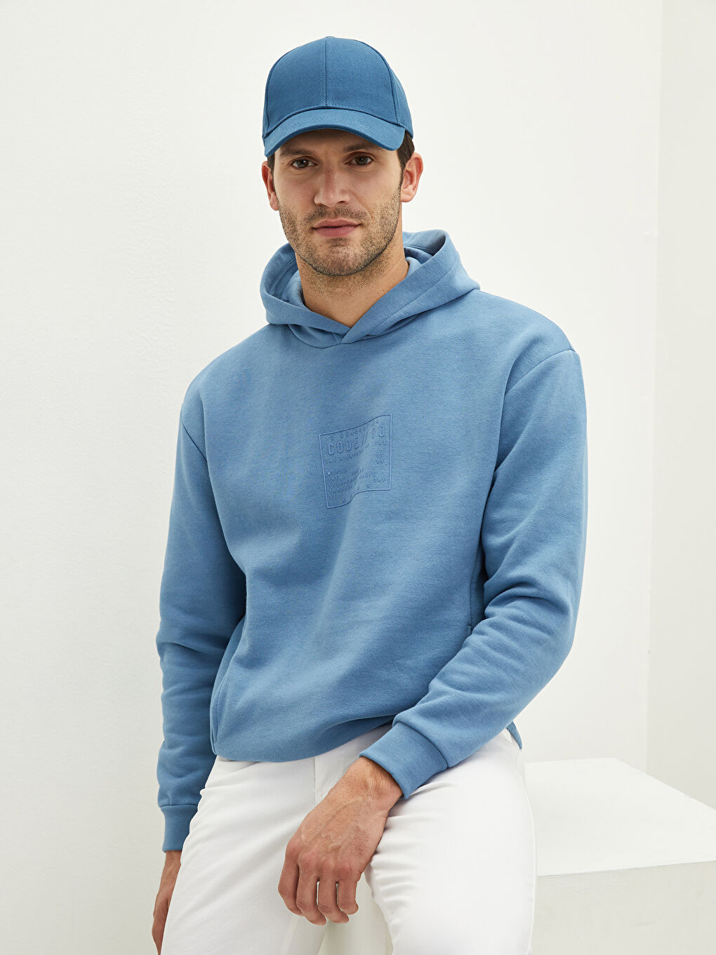 Mavi Uzun Kollu Baskılı Erkek Hoodie-1