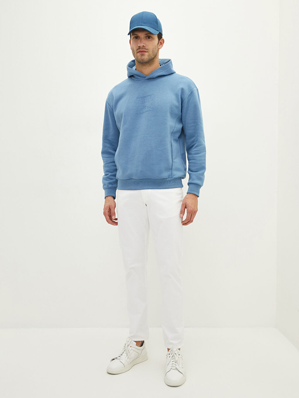 Mavi Uzun Kollu Baskılı Erkek Hoodie-2