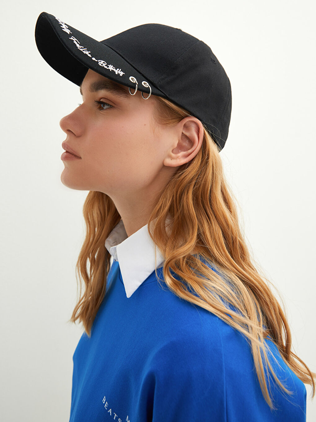 Letter Embroidered Bird Eye Detail Gabardine Women's Cap Hat