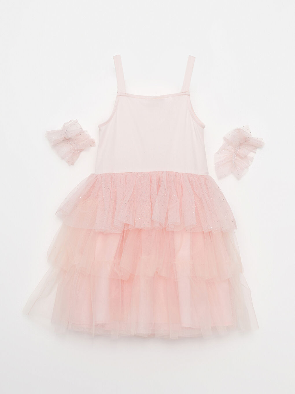 Pembe Kare Yaka Pul İşlemeli Askılı Kız Çocuk Tütü Elbise Taç ve Kolluk-1