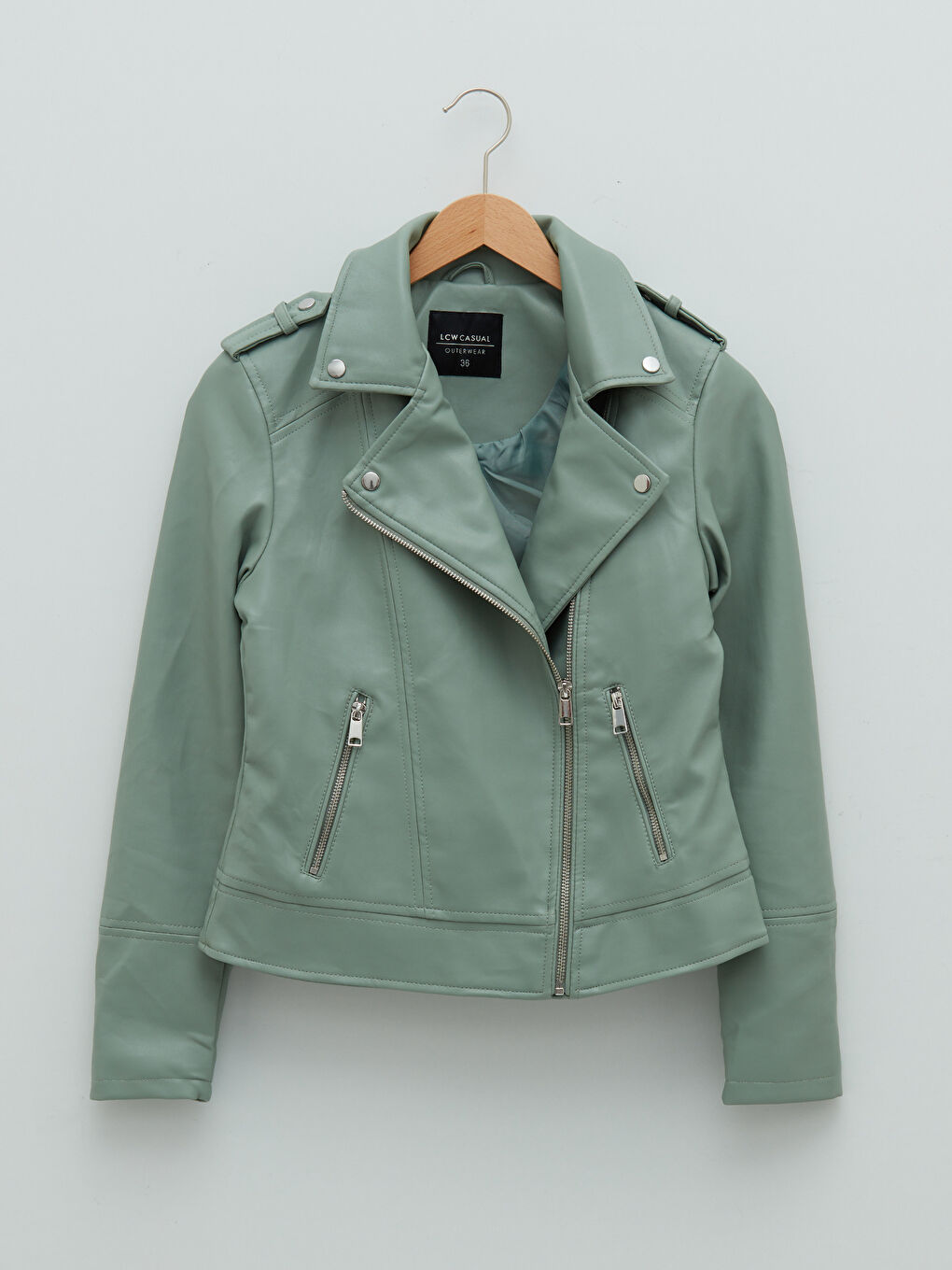Geacă din piele ecologică subțire cu guler biker, mânecă lungă și fermoar pentru femei-6