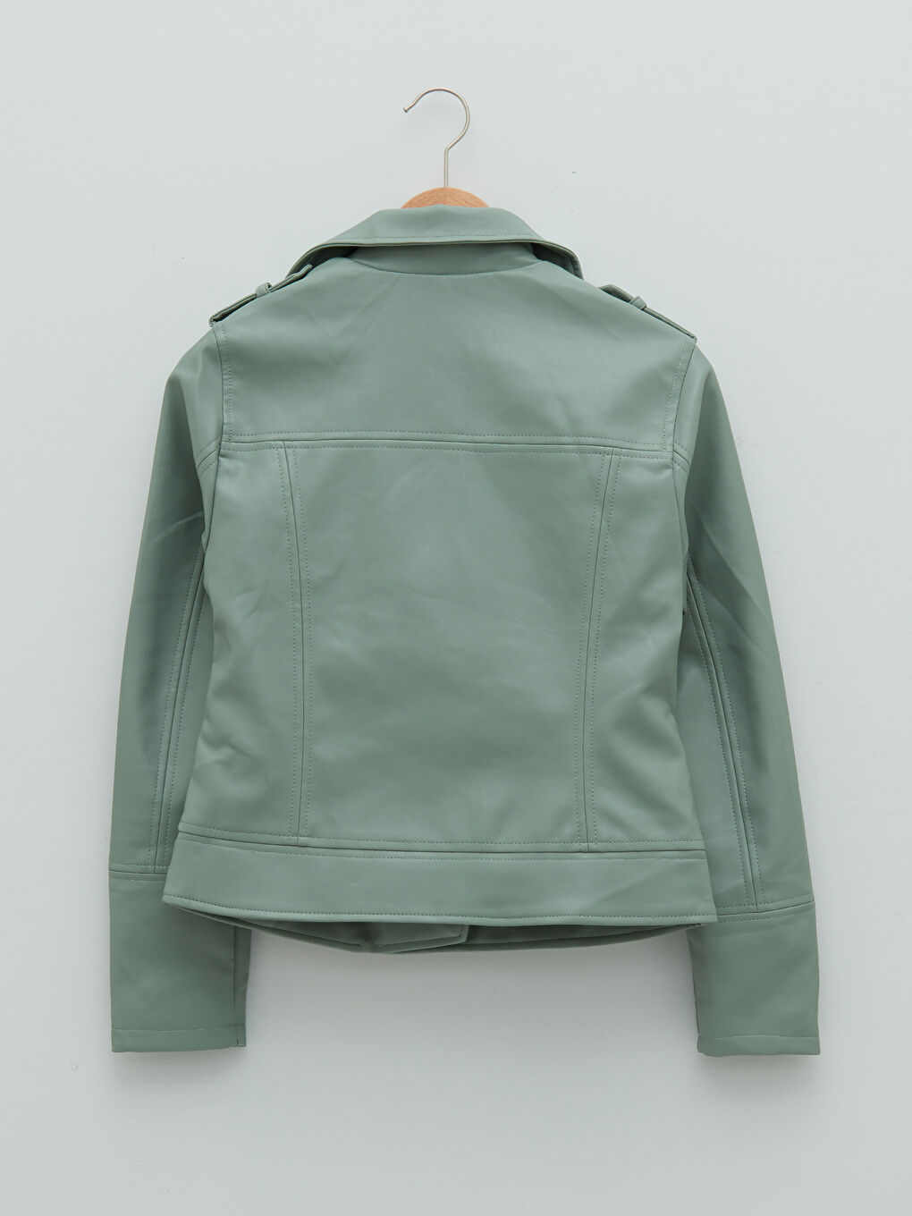 Geacă din piele ecologică subțire cu guler biker, mânecă lungă și fermoar pentru femei-7