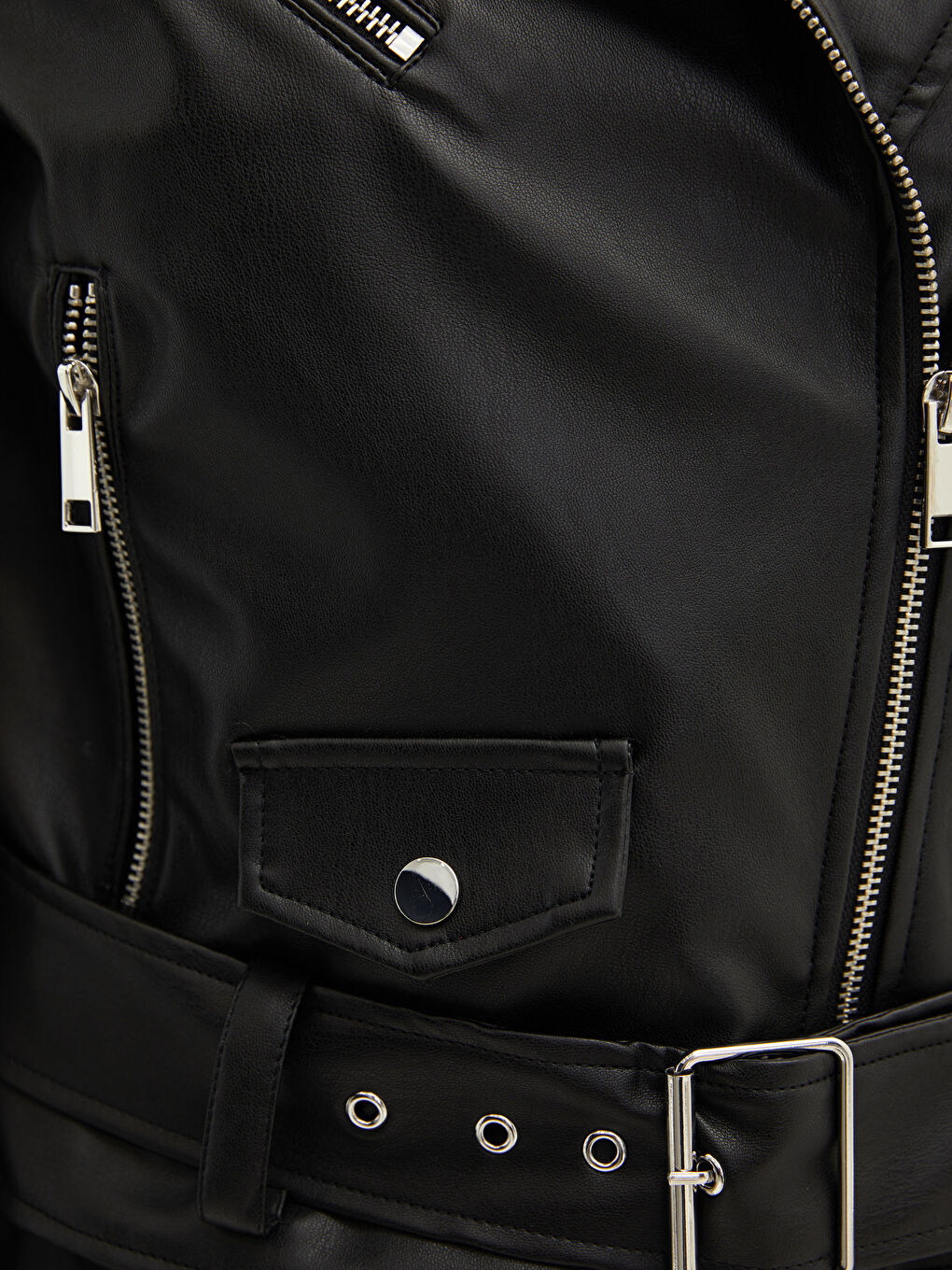 Пальто зі штучної шкіри з байкерським коміром, деталями кишень, довгими рукавами, слім для жінок-4