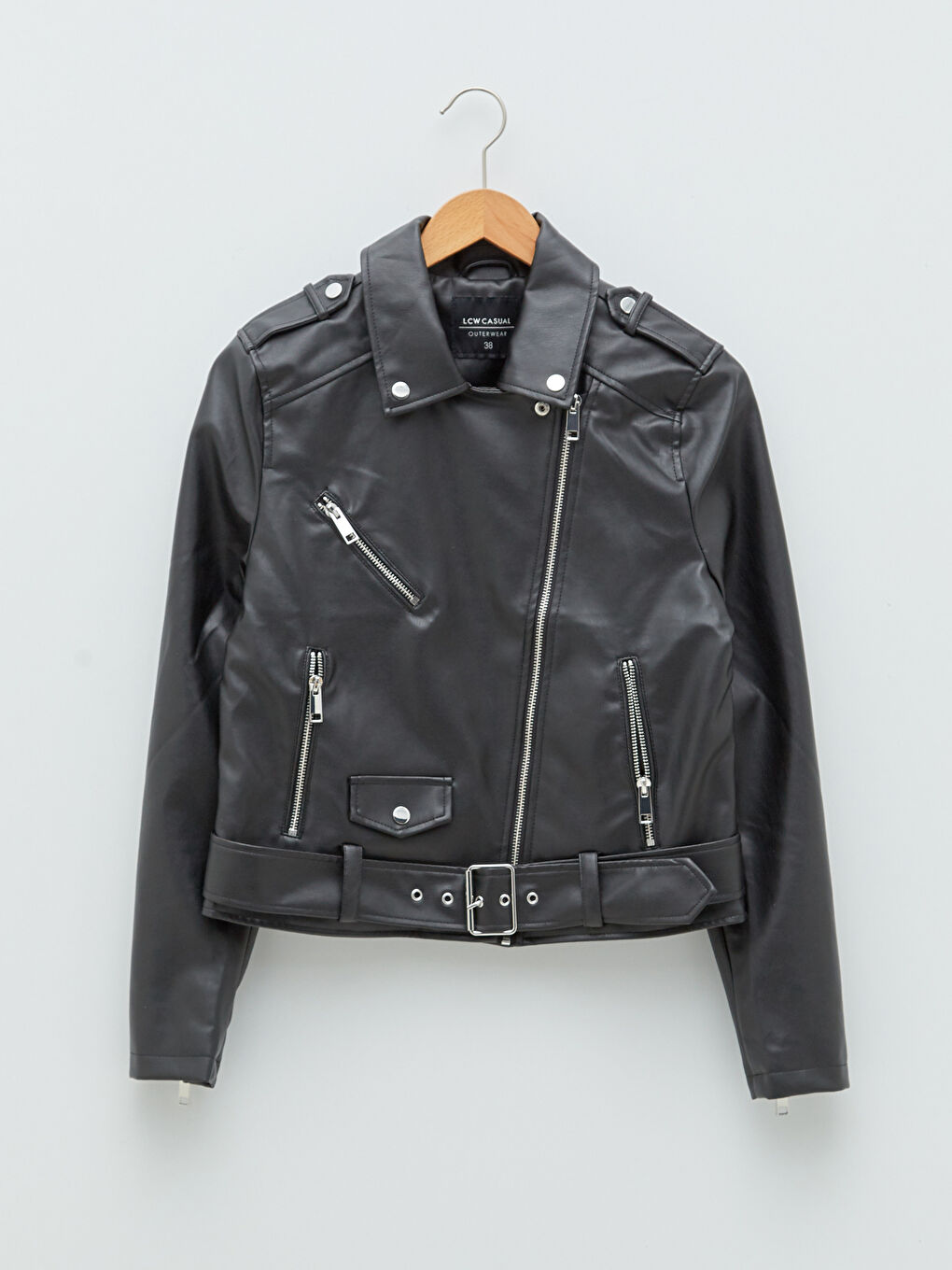 Пальто зі штучної шкіри з байкерським коміром, деталями кишень, довгими рукавами, слім для жінок-6