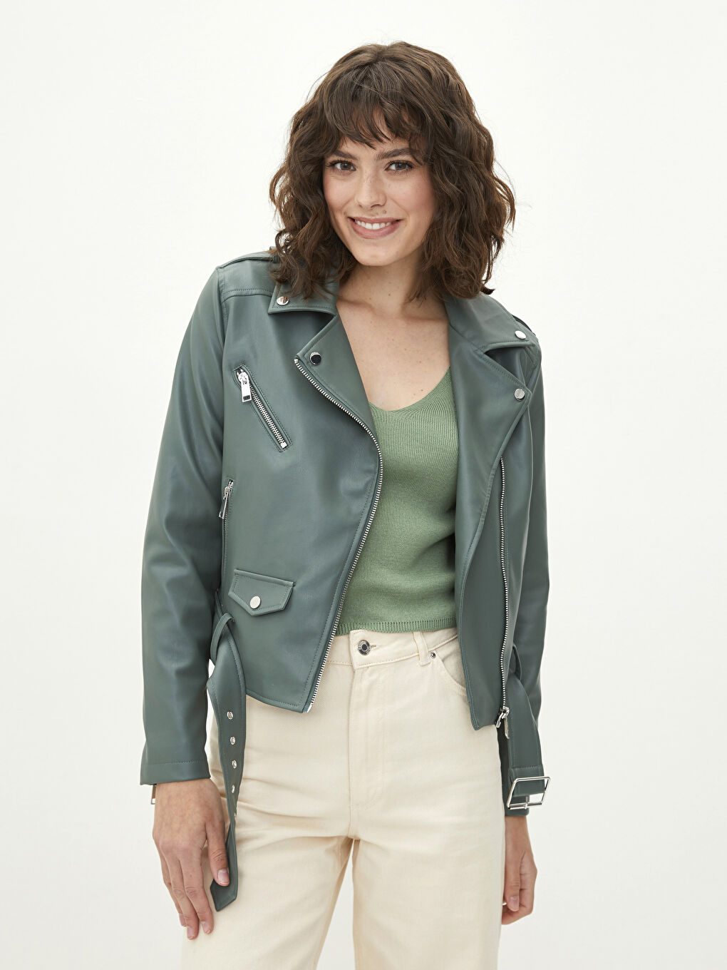 Yeşil Biker Yaka Cep Detaylı Uzun Kollu İnce Kadın Deri Görünümlü Mont