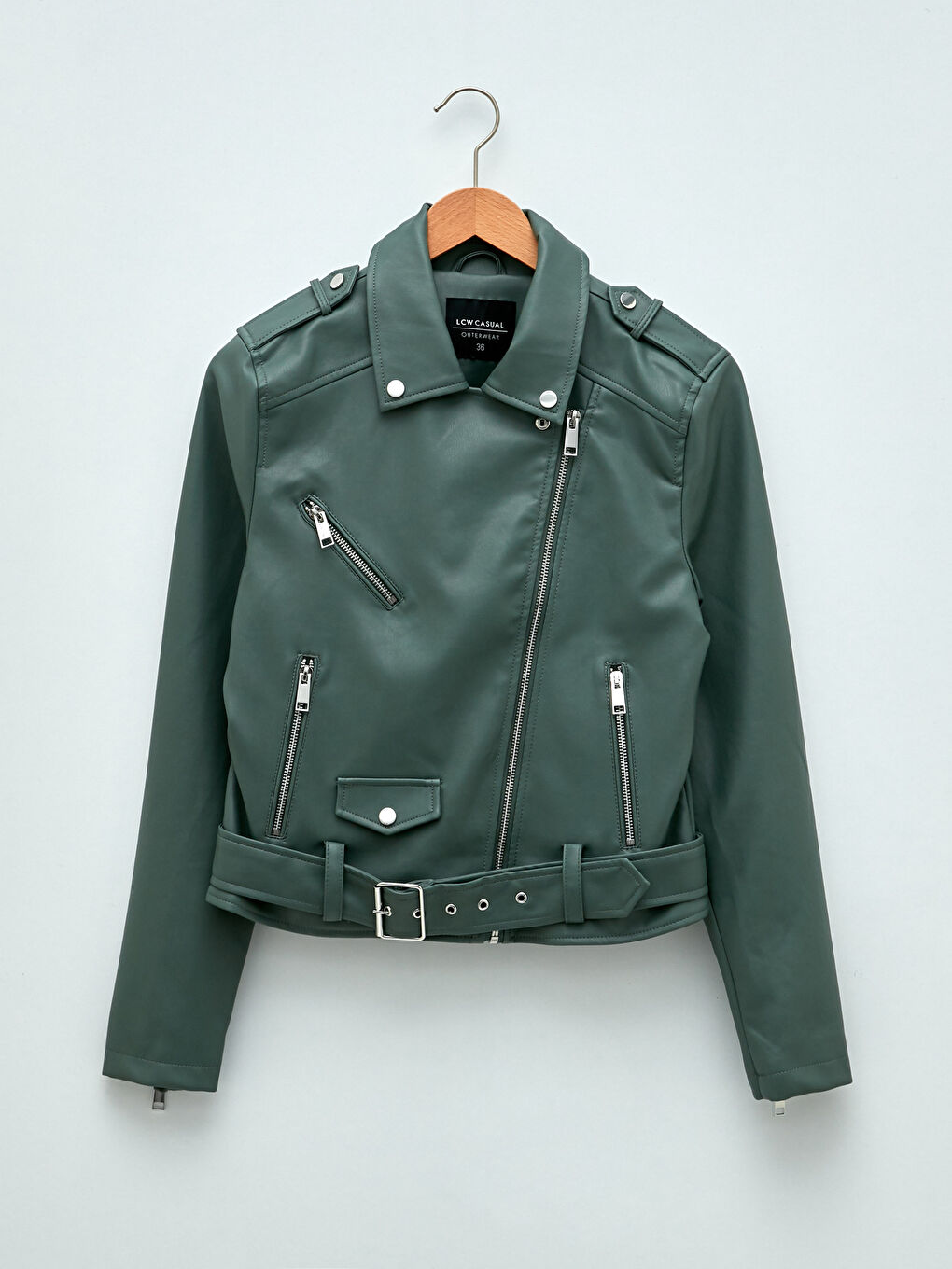 Yeşil Biker Yaka Cep Detaylı Uzun Kollu İnce Kadın Deri Görünümlü Mont-6