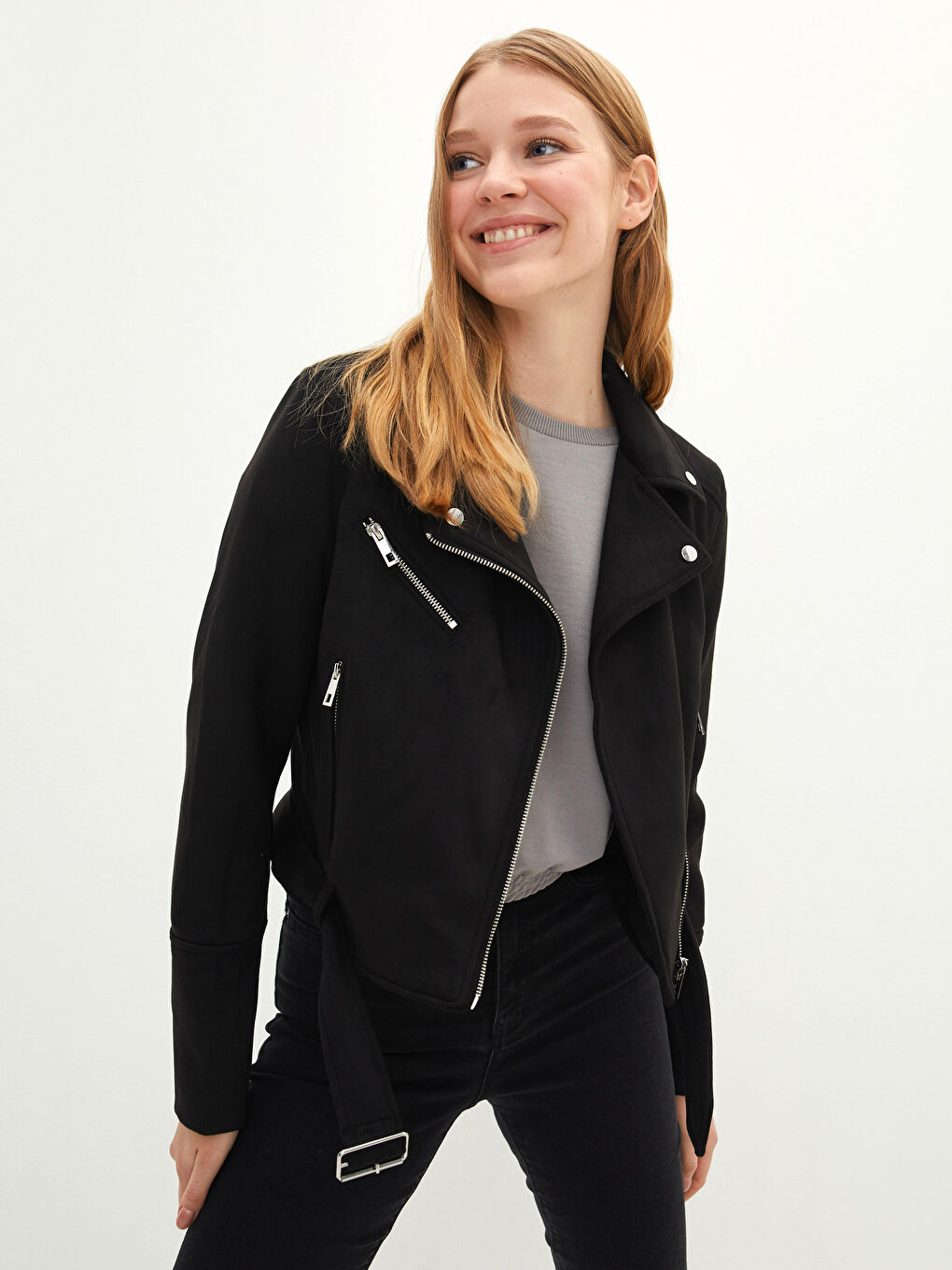 Siyah Biker Yaka Cep Detaylı Uzun Kollu İnce Kadın Süet Mont-1