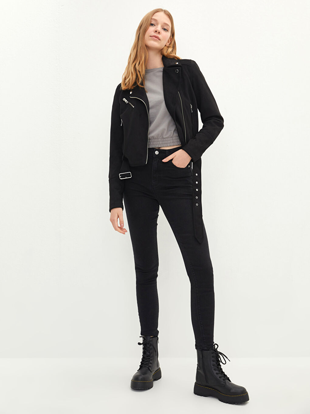 Siyah Biker Yaka Cep Detaylı Uzun Kollu İnce Kadın Süet Mont-2