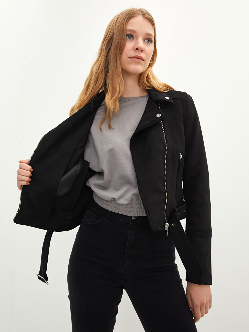 Siyah Biker Yaka Cep Detaylı Uzun Kollu İnce Kadın Süet Mont-3