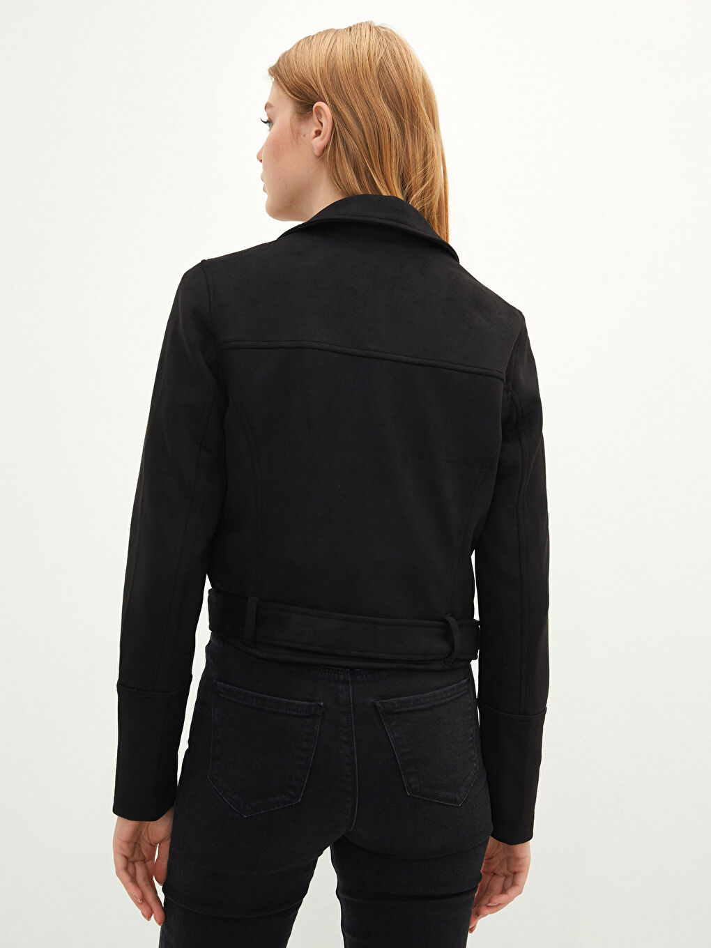 Siyah Biker Yaka Cep Detaylı Uzun Kollu İnce Kadın Süet Mont-5