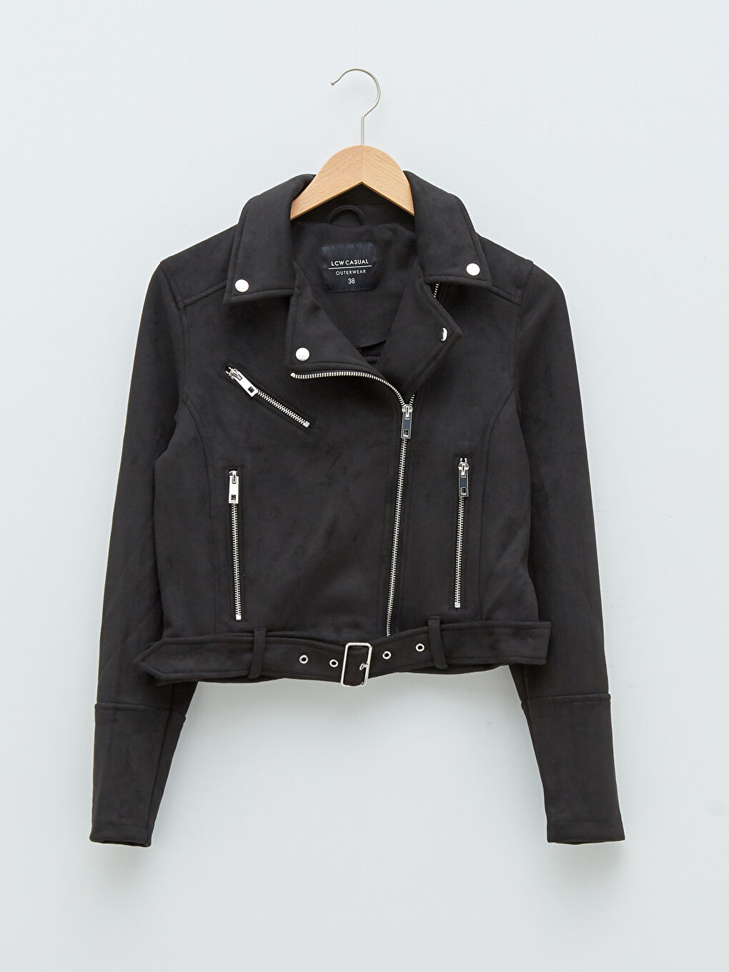 Siyah Biker Yaka Cep Detaylı Uzun Kollu İnce Kadın Süet Mont-6