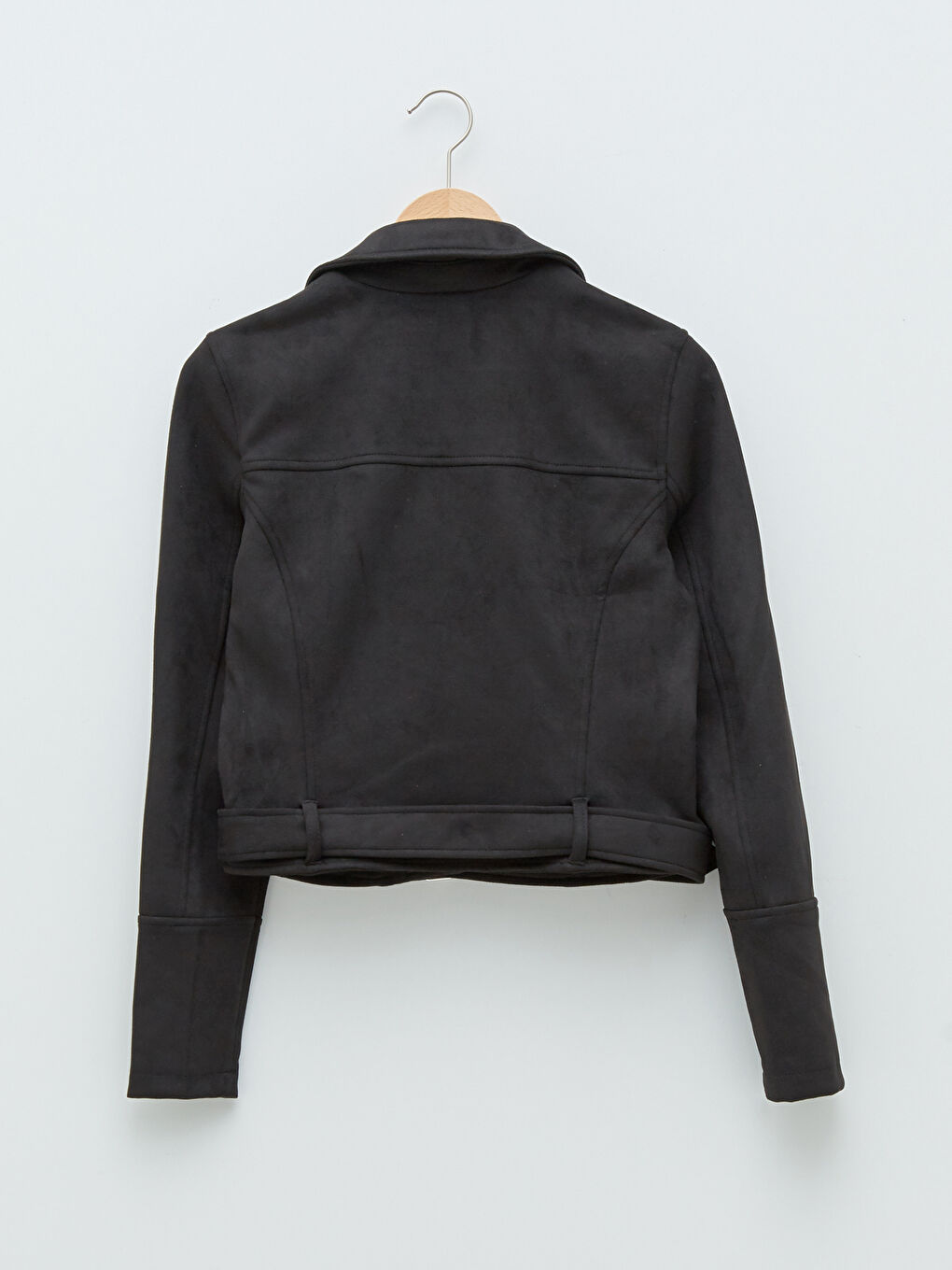 Siyah Biker Yaka Cep Detaylı Uzun Kollu İnce Kadın Süet Mont-7