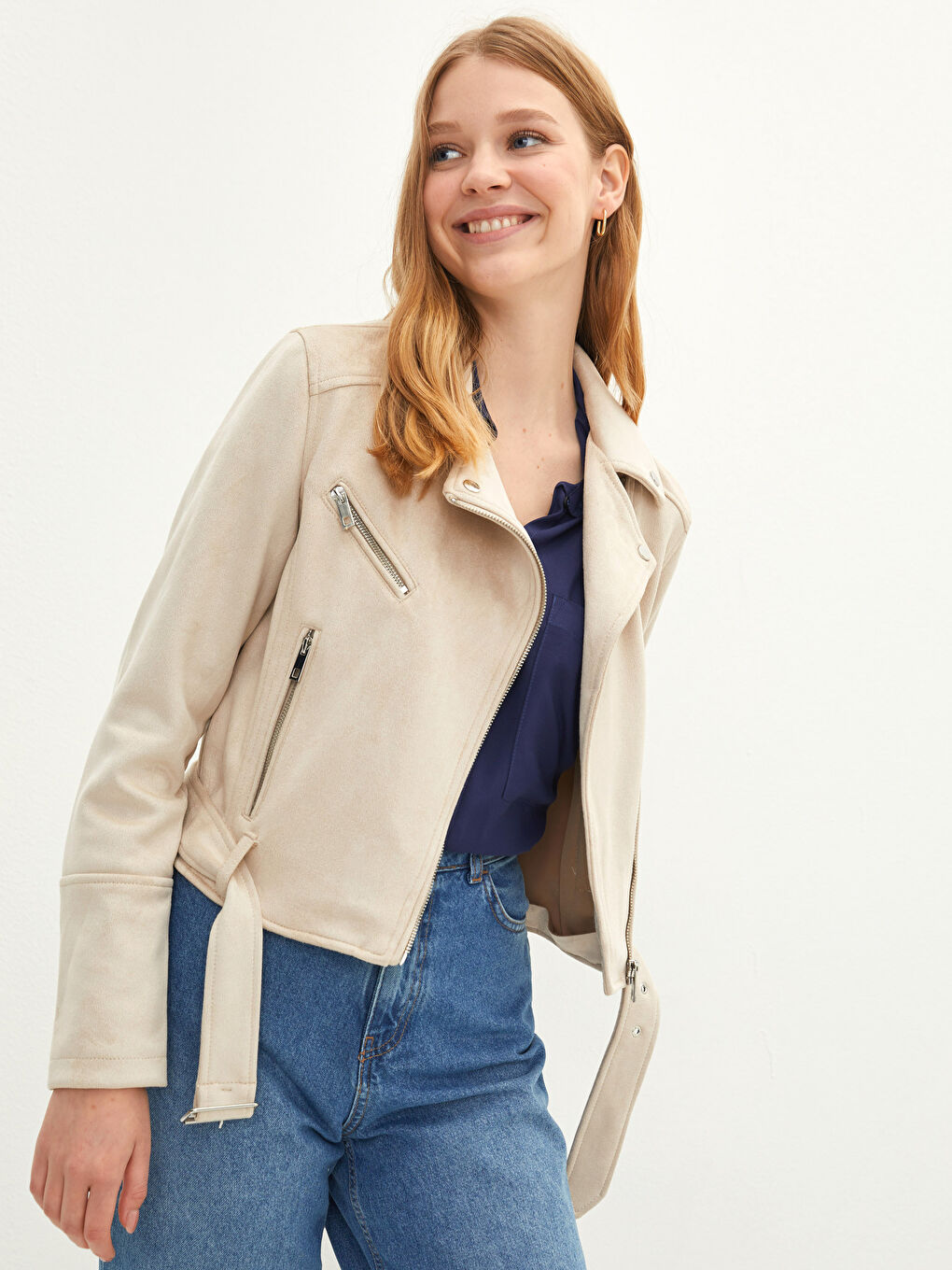 LCW Vision Biker-Kragen Taschen-Detail Langarm Schlank Wildledermantel für Damen -S20245Z8-QKP