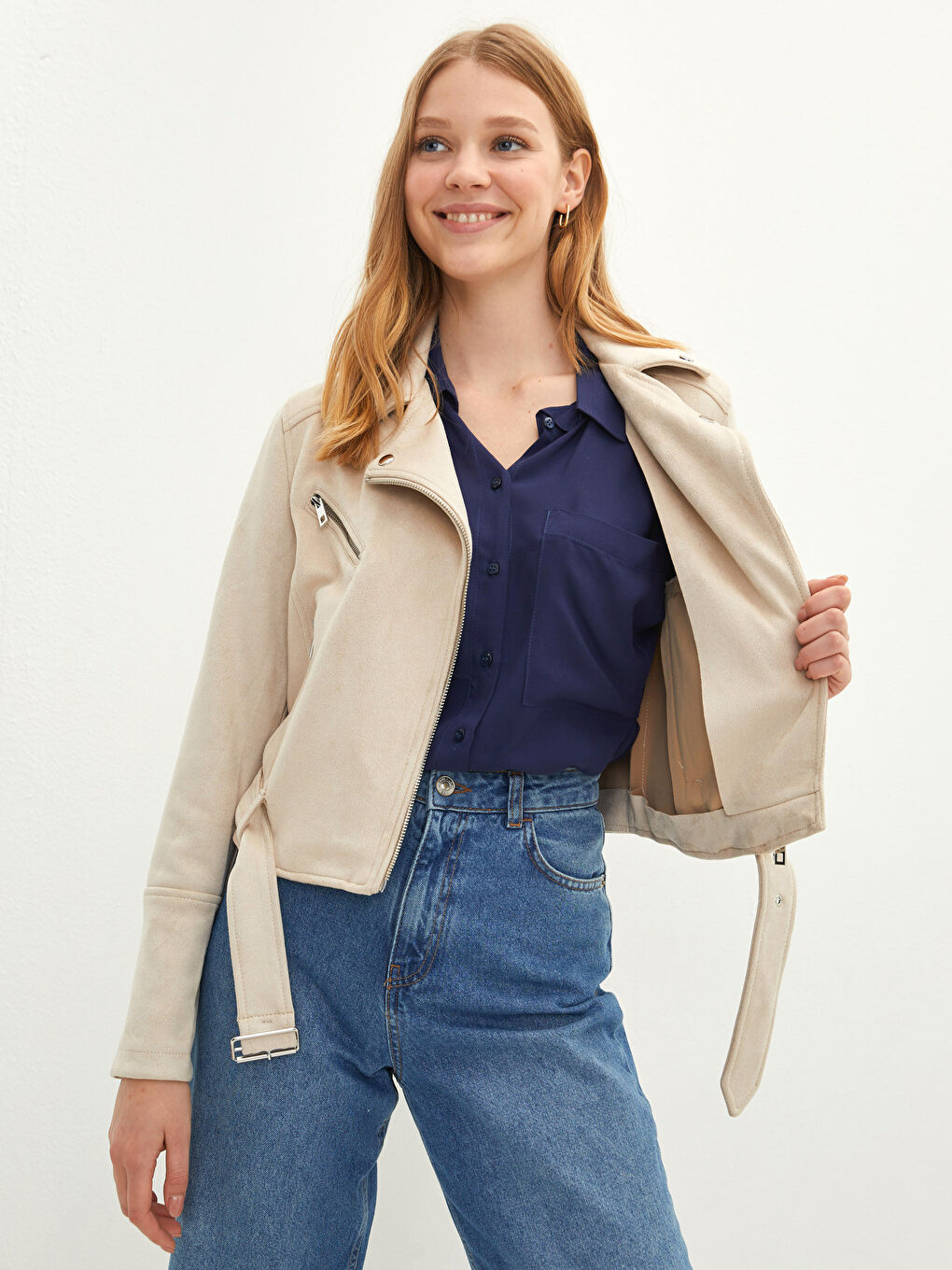 LCW Vision Biker-Kragen Taschen-Detail Langarm Schlank Wildledermantel für Damen -S20245Z8-QKP